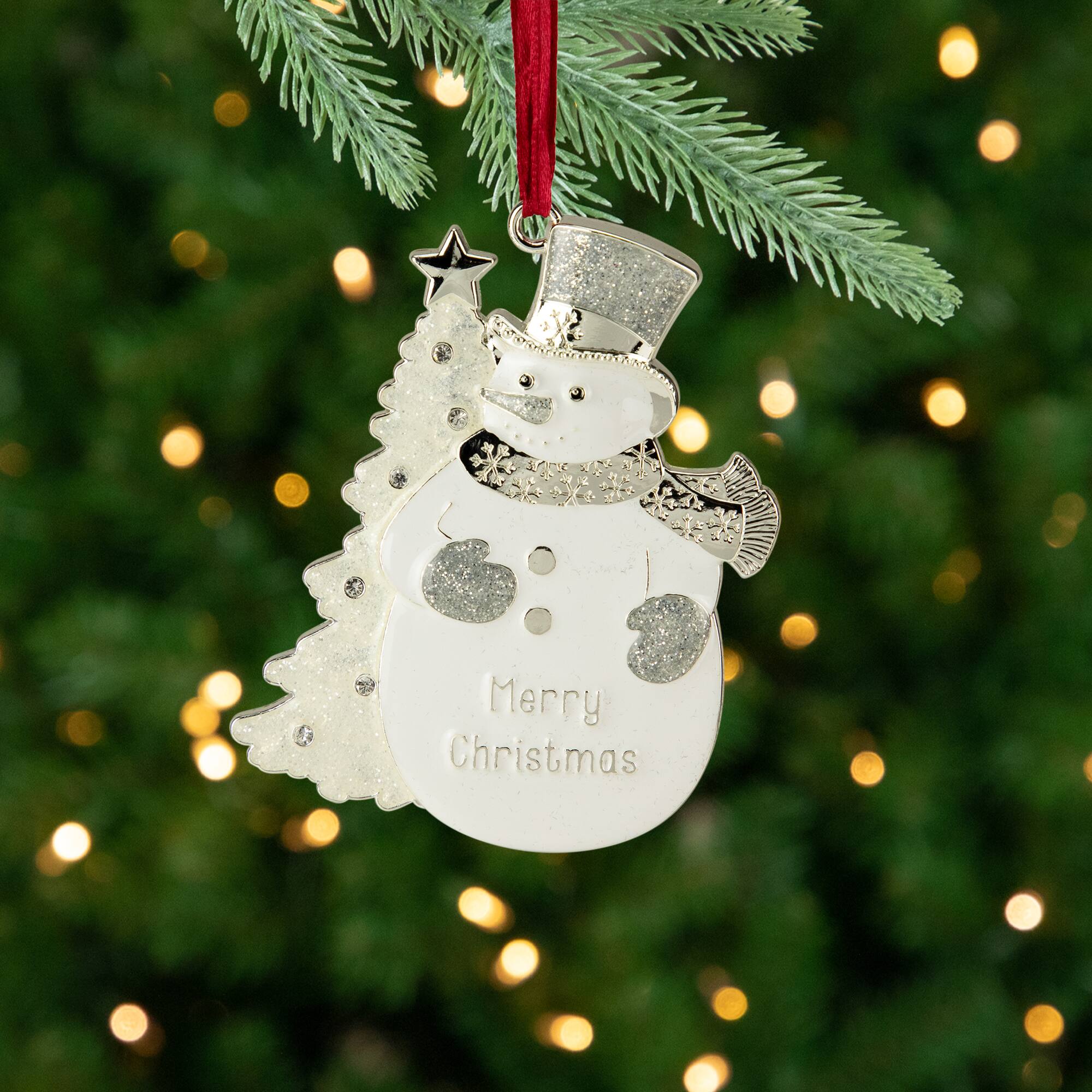 3.5" White Silver-Plated Snowman Merry Christmas Ornament with European Crystals