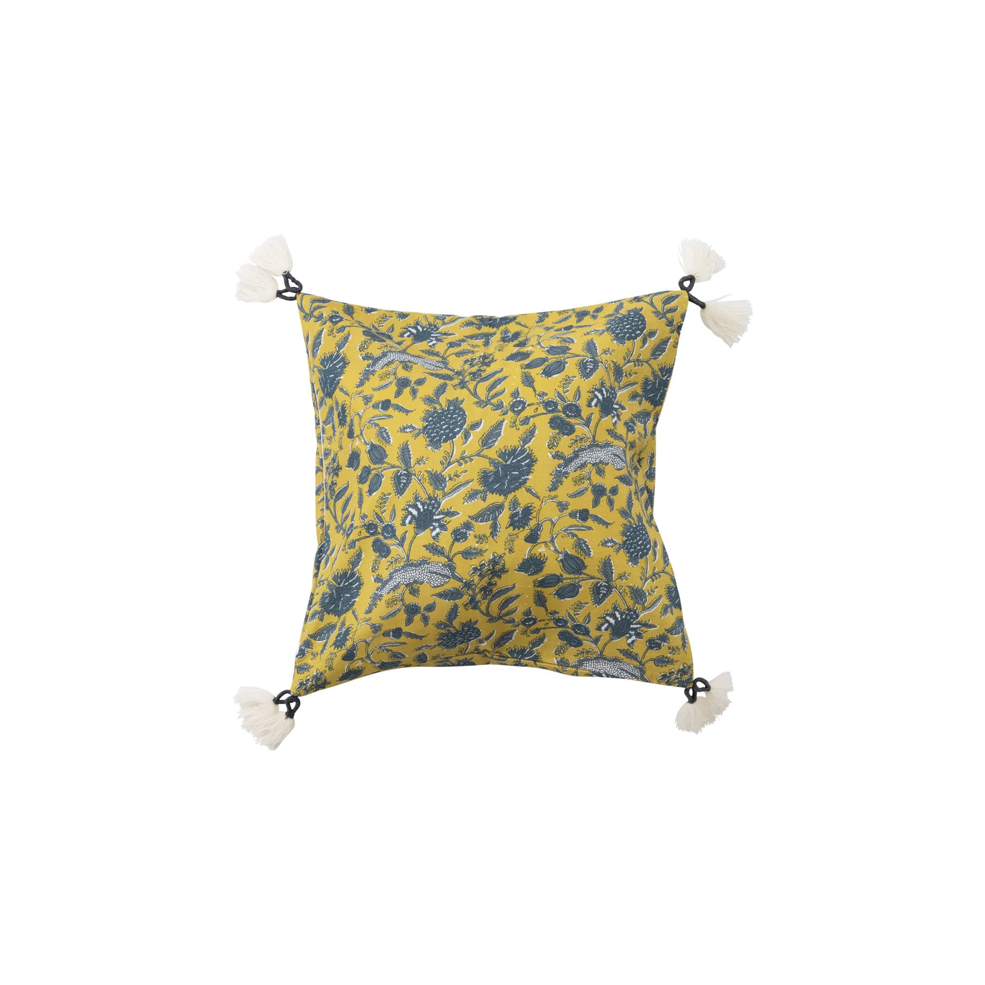 Hello Honey® Chartreuse & Blue Floral Pattern Cotton Pillow with Yarn-Wrapped Tassels
