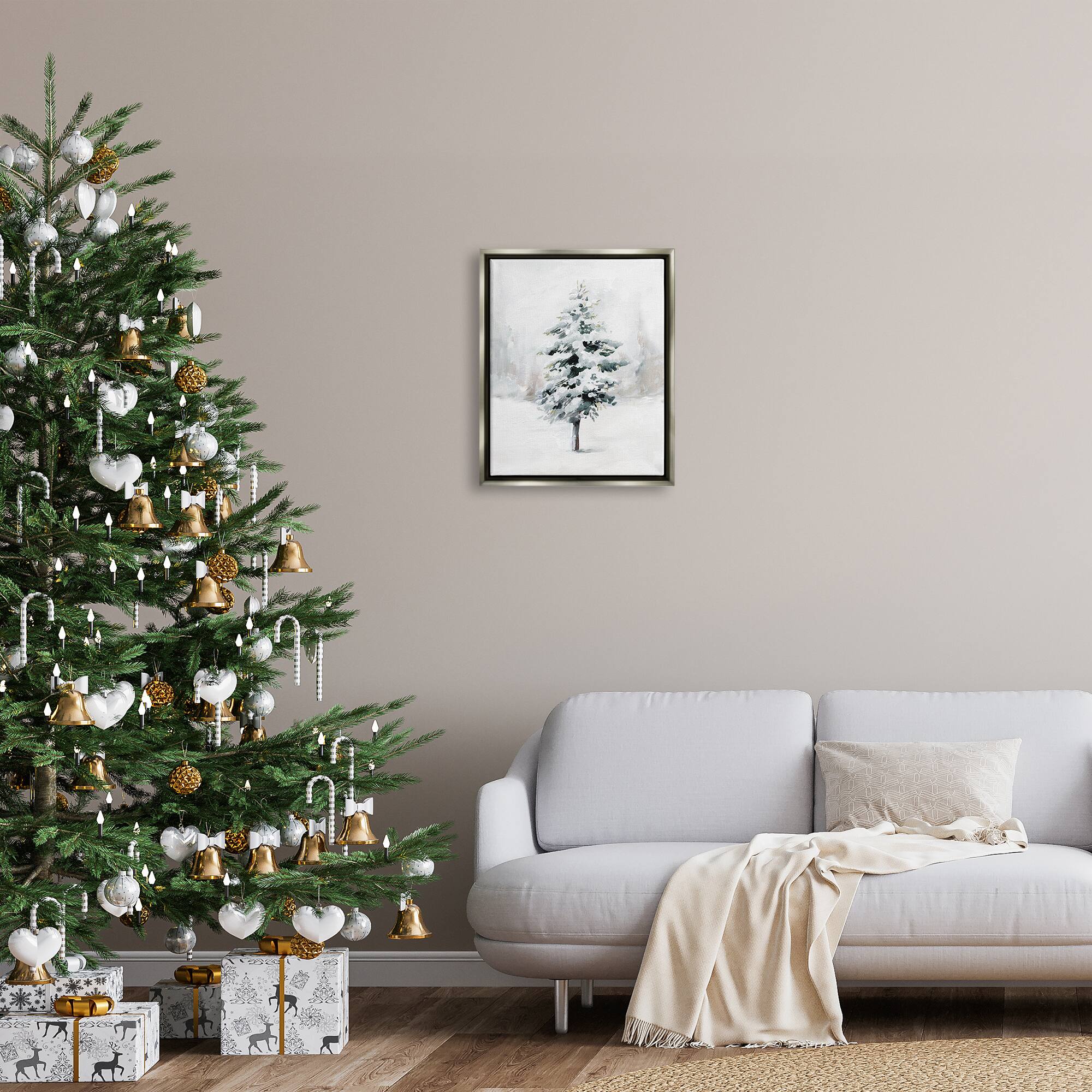 Stupell Industries Wintery Snow Tree Scene Framed Floater Canvas Wall Art