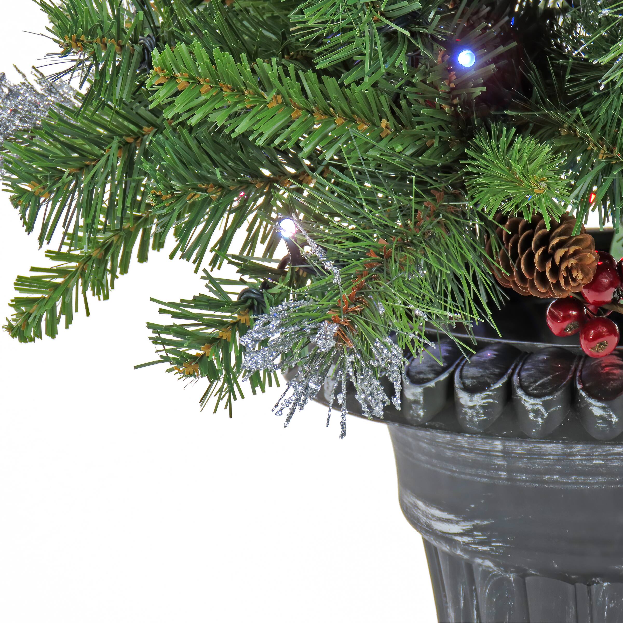 24&#x22; Pre-Lit Crestwood&#xAE; Spruce Porch Bush in Silver Brushed Plastic Urn, Twinkly&#x2122; LED Lights