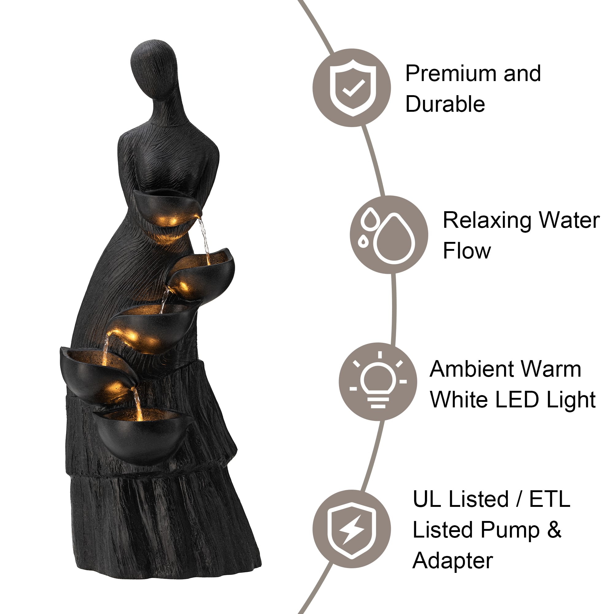 Glitzhome&#xAE; 39.75&#x22; Modern LED 5-Tier Abstract Women Sculpture Outdoor Fountain