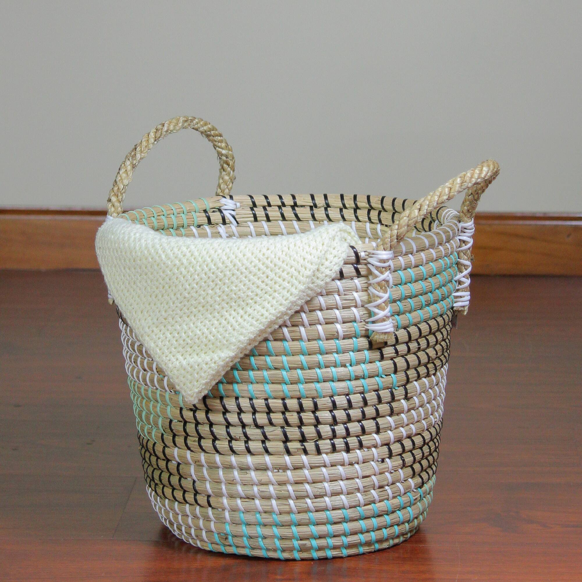 12" Natural Woven Seagrass Basket with Teal, Black & White Accents