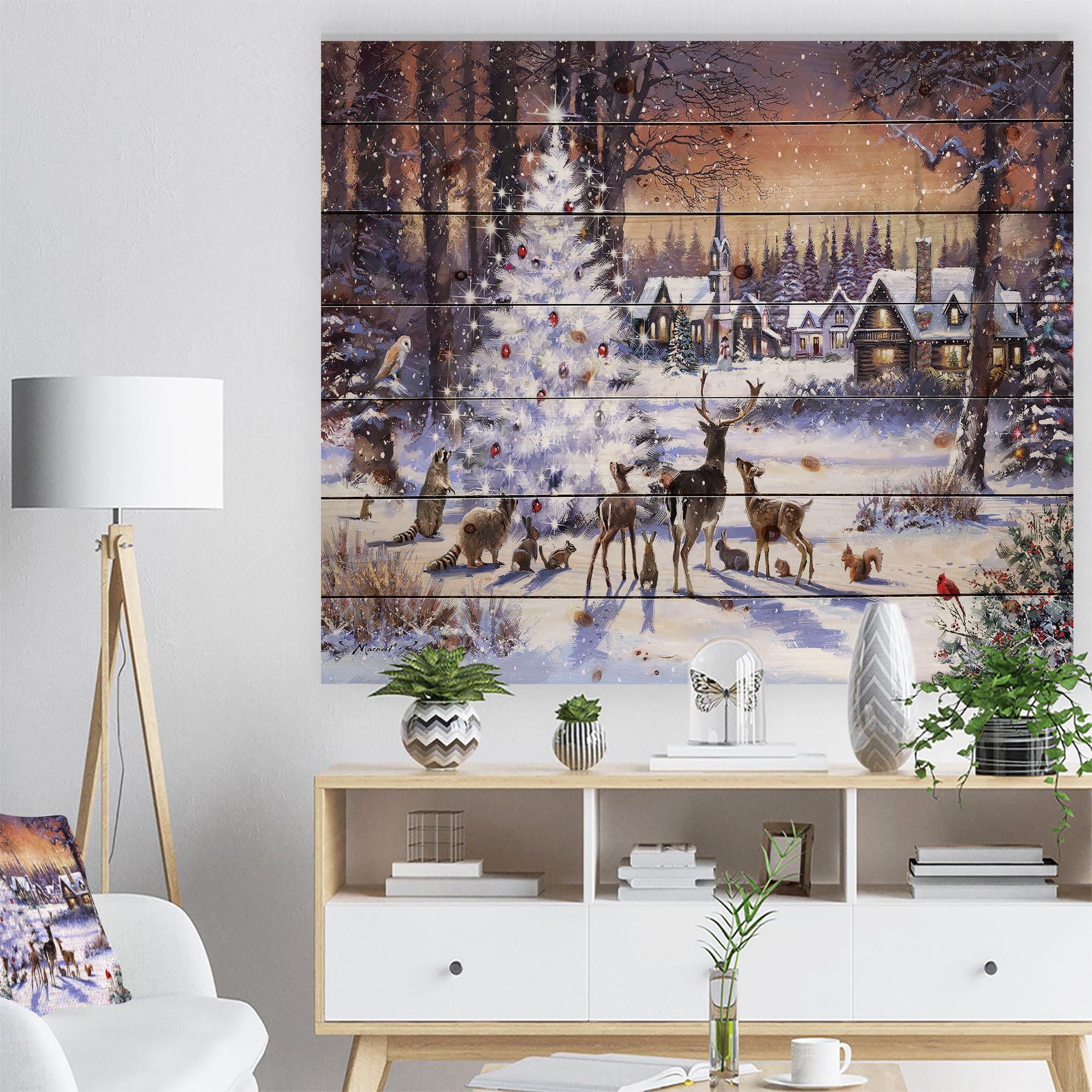Designart Christmas Woods with Deer, Buck &#x26; Owl Print on Pine Wood