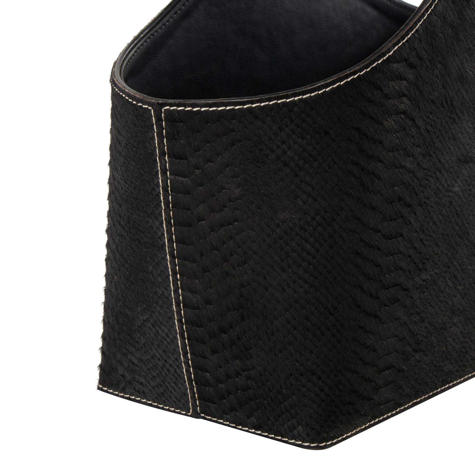 17" Black Leather Handmade Box Style Decorative Magazine Holder with Detail Stitching & Curved Buckle Handles