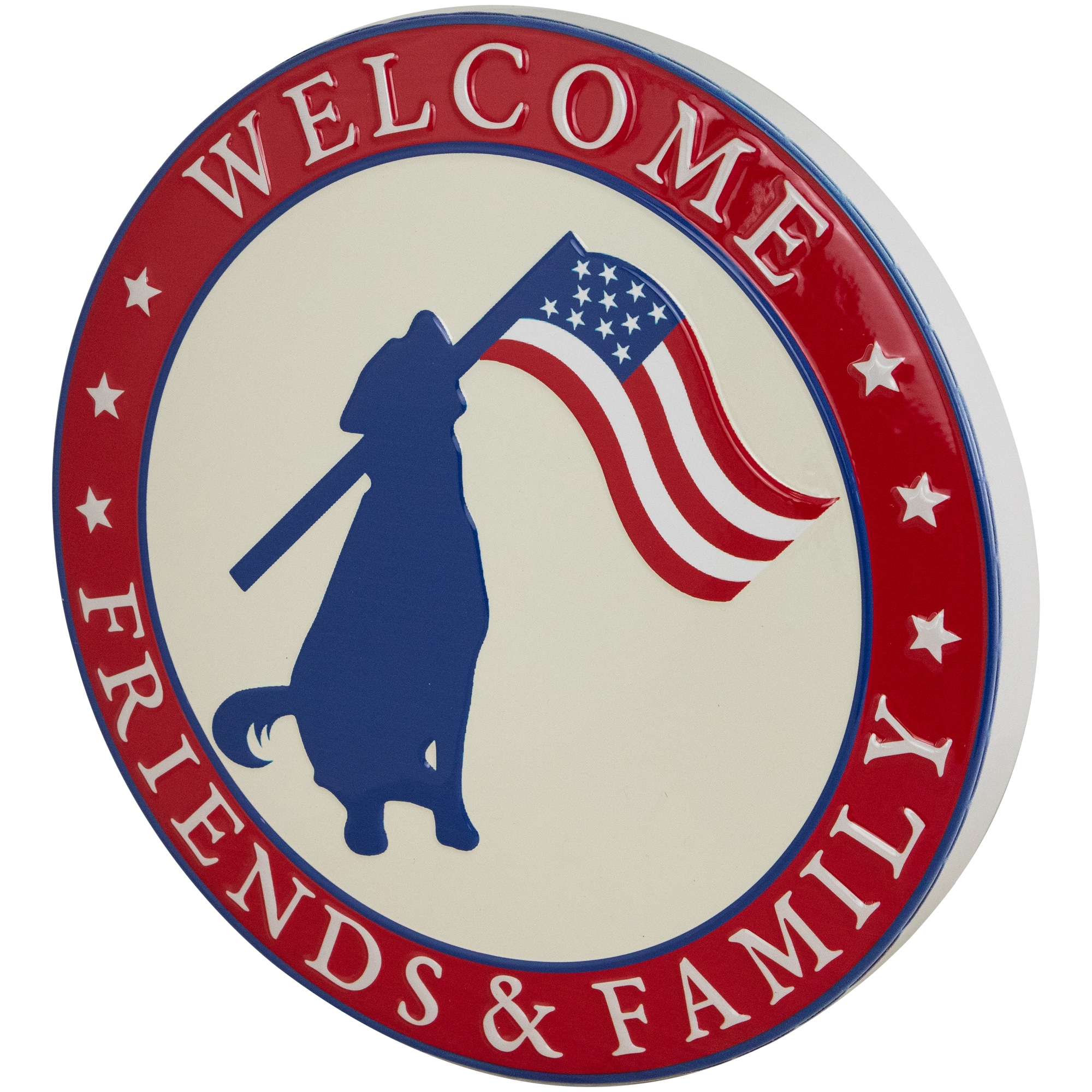 13.75&#x22; Welcome Friends &#x26; Family Patriotic Dog Metal Wall Sign