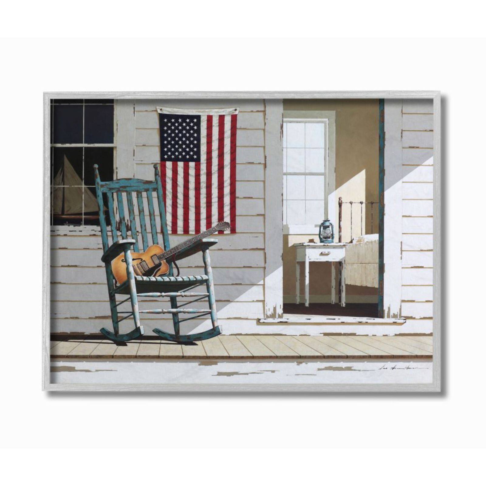 Stupell Industries Americana Porch Rocker with Guitar Gray Framed Wall Art