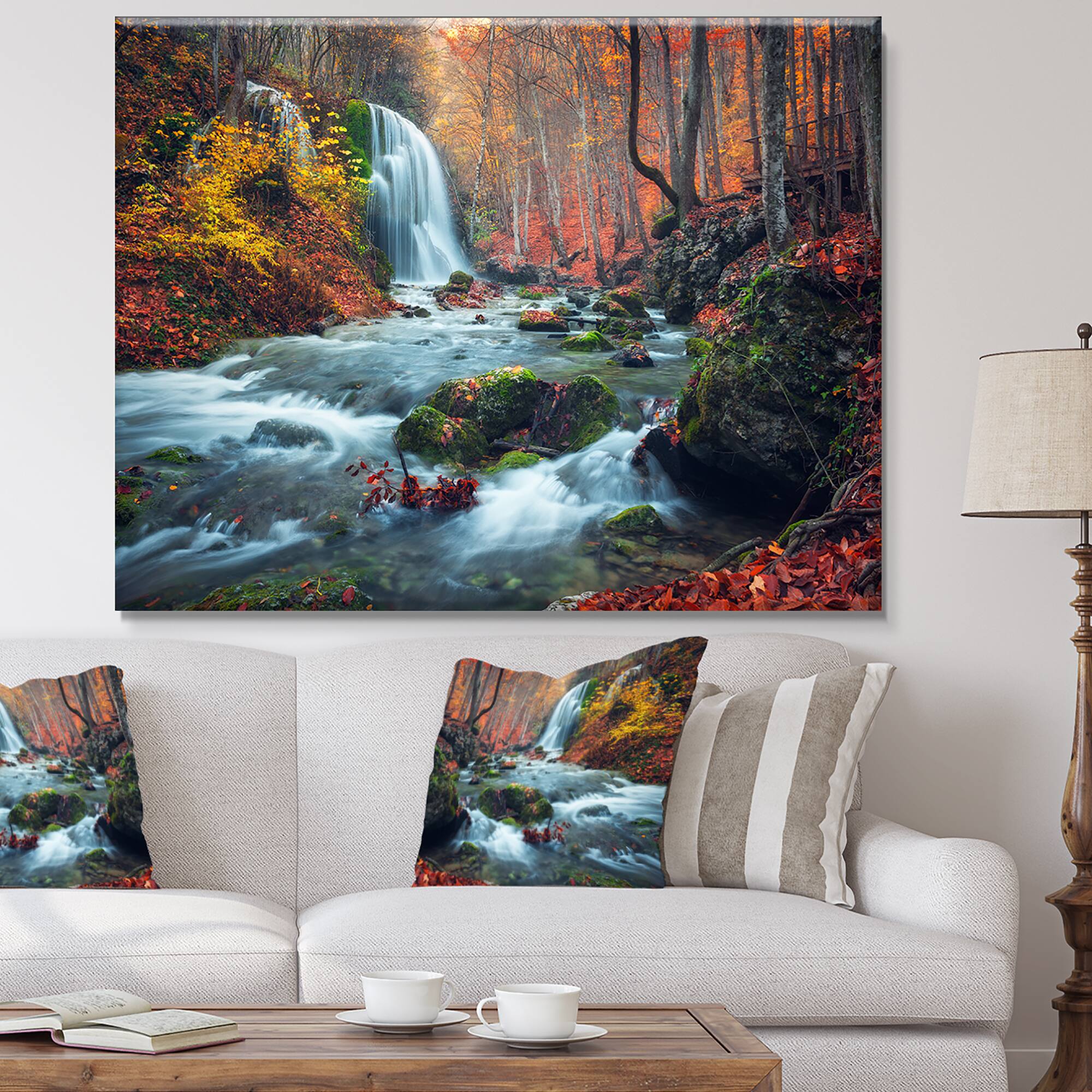 Designart - Autumn Mountain Waterfall Long View - Landscape Photography Canvas Print