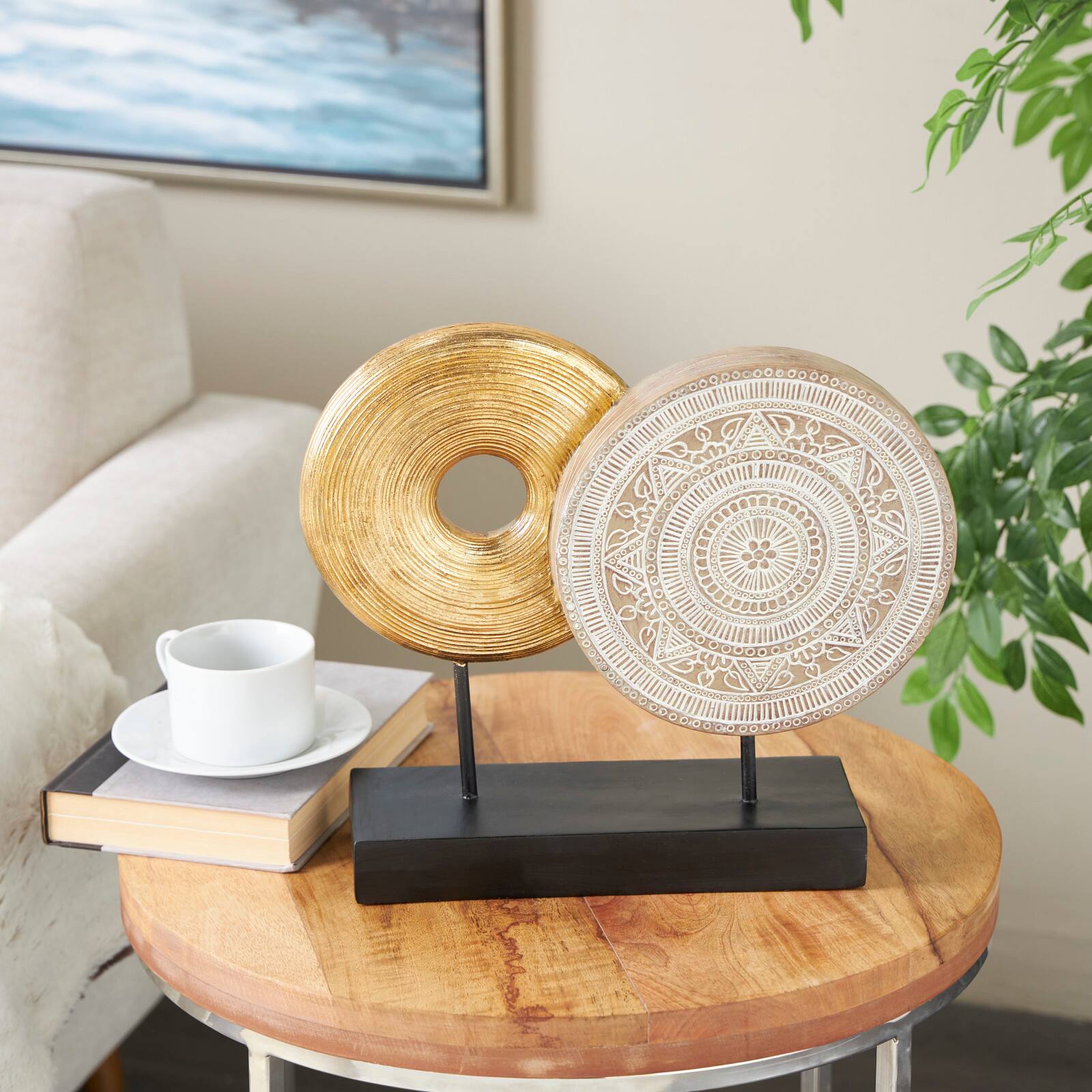 13" Gold Geometric Sculpture with Black Rectangular Base