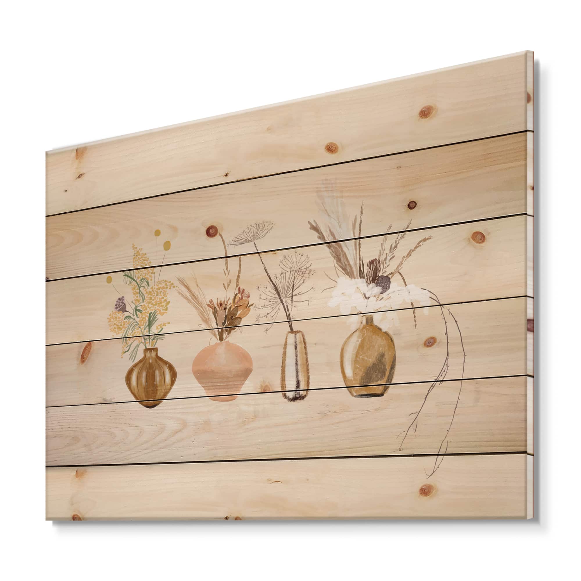 Designart - Bouquets Of Wildflowers In Gold Vases II - Traditional Print on Natural Pine Wood