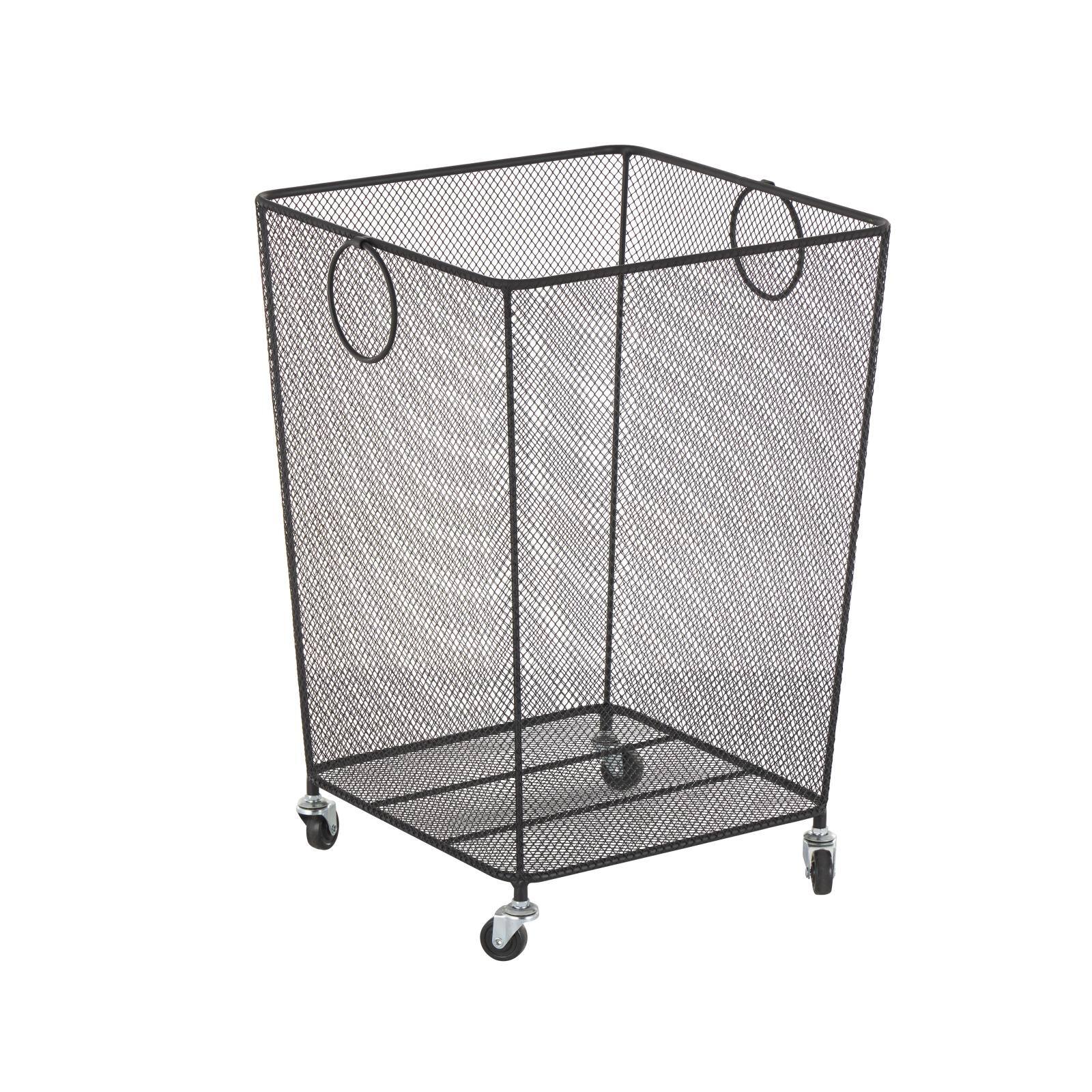 24&#x22; Black Metal Square Mesh Wire Rolling Laundry Storage Cart with Ring Handles