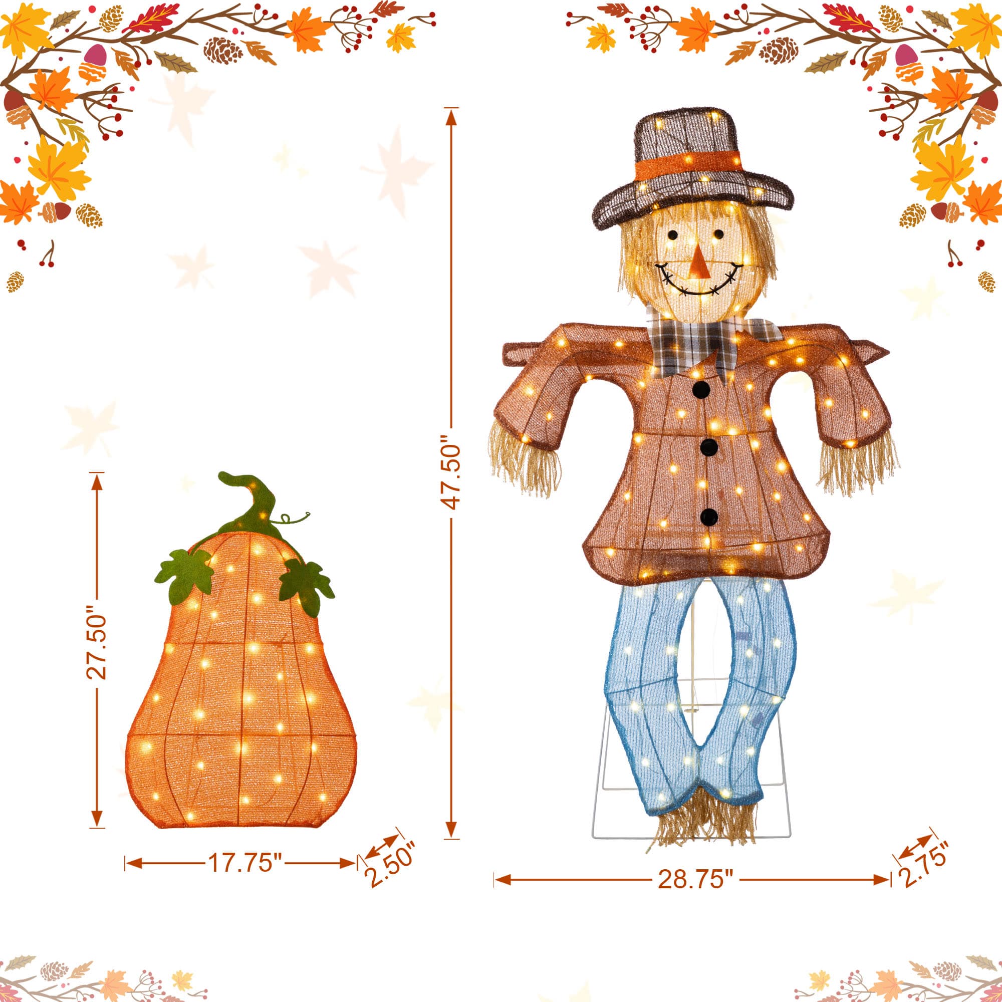 Glitzhome&#xAE; Lighted Fall Scarecrow &#x26; Pumpkin Outdoor Decor with Warm White LED Lights Set