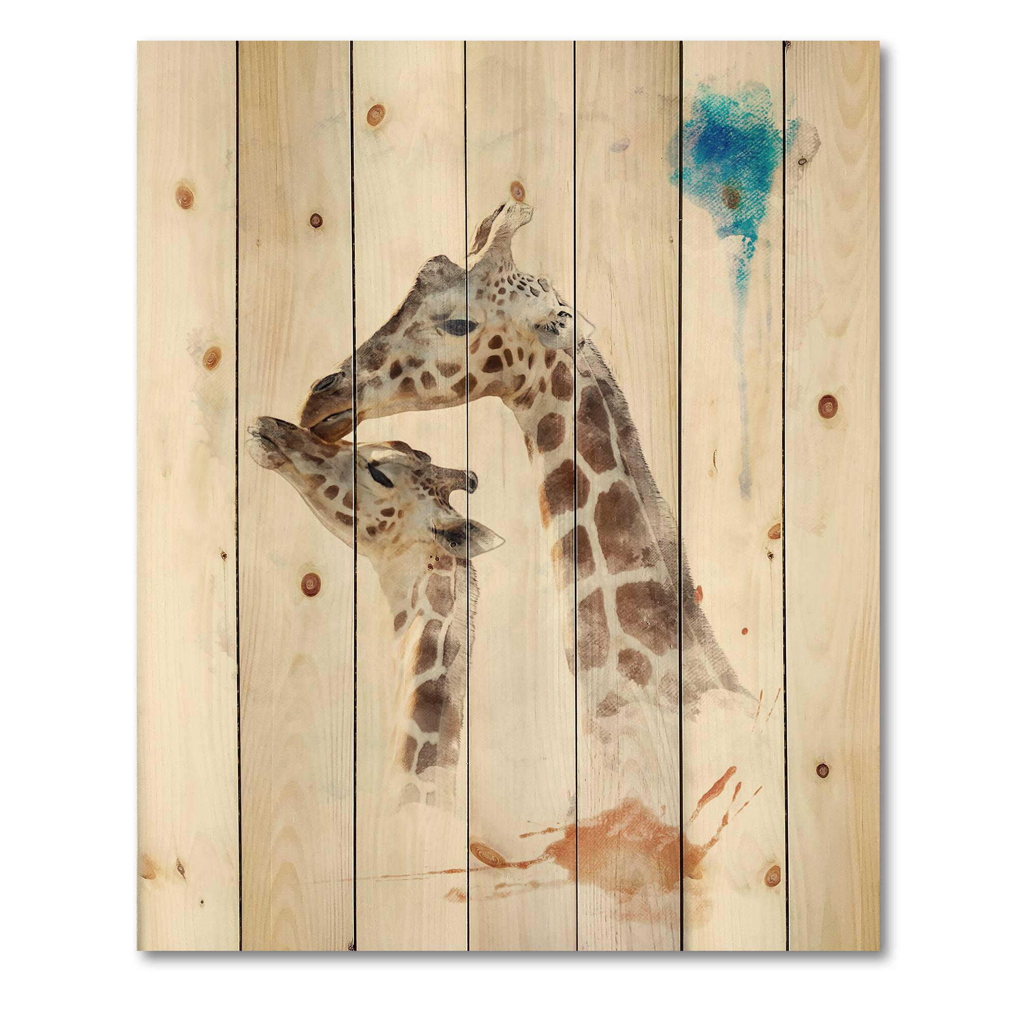 Designart - Portrait of A Giraffe and Child - Farmhouse Print on Natural Pine Wood