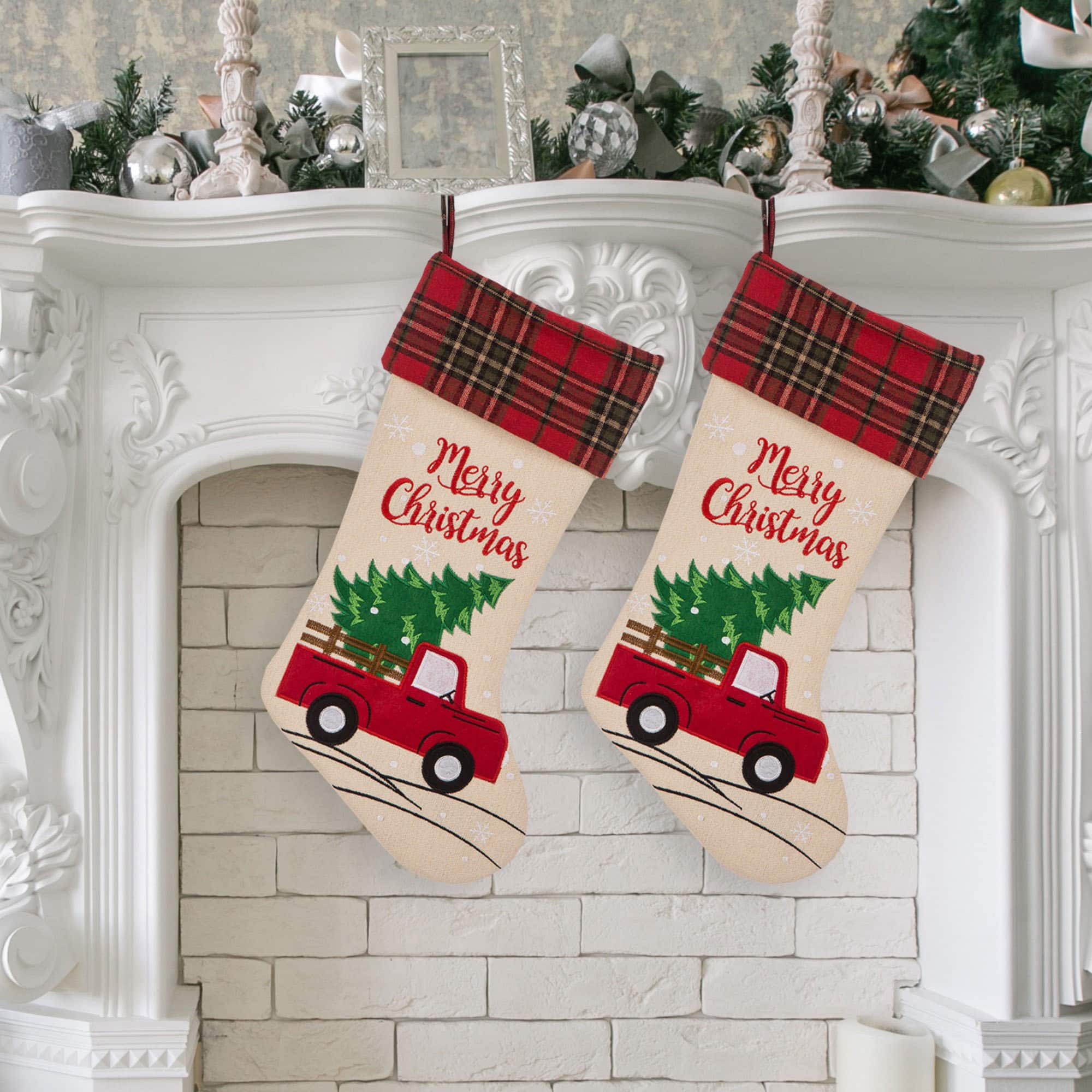 Glitzhome&#xAE; 21&#x22; Truck &#x26; Tree Christmas Stockings, 2ct.