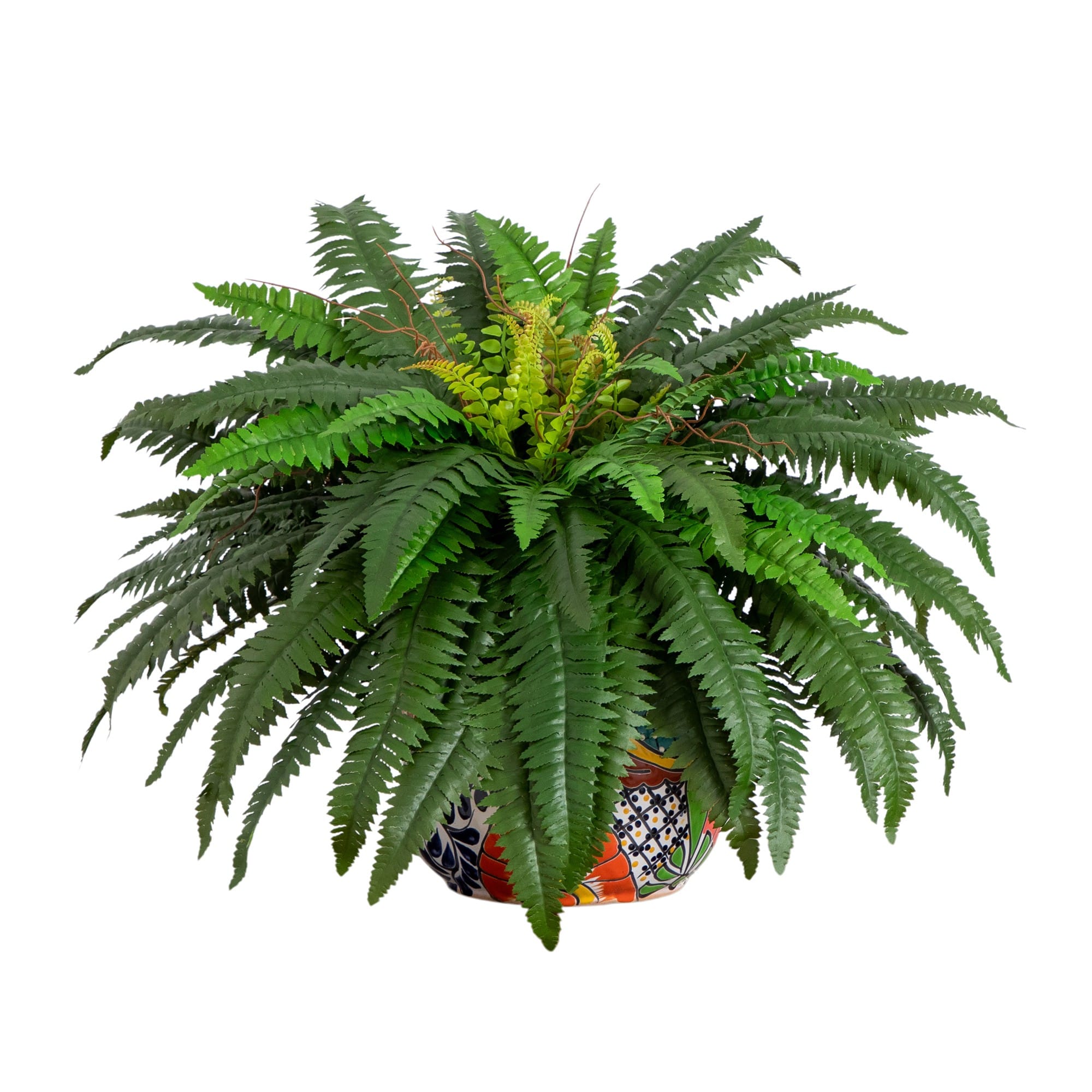 3.5ft Artificial Double Boston Fern in Handmade Mexican Talavera Ceramic Planter