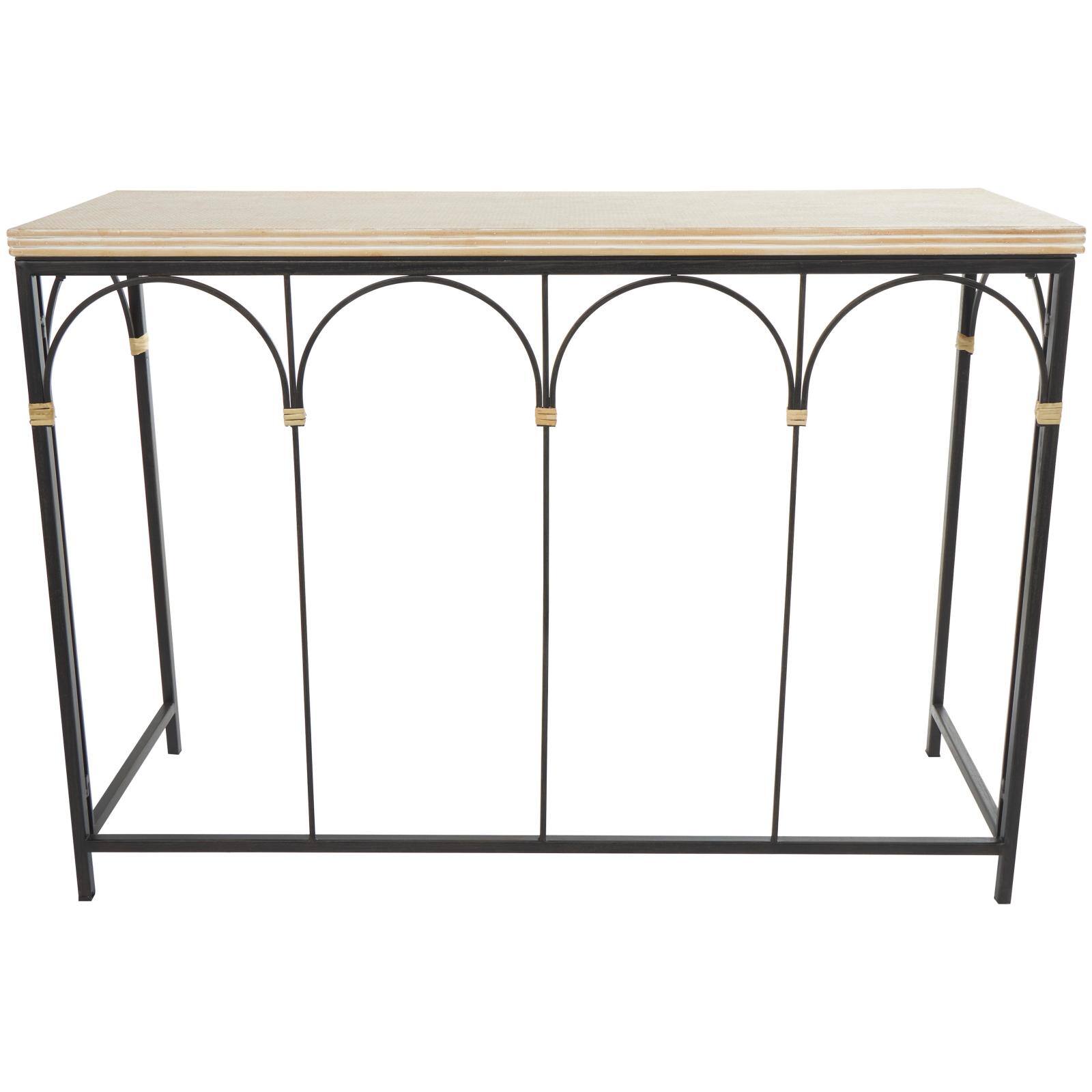 42.5&#x22; Black Arched Console Table with Zig Zag Patterned Top and Rattan Accents