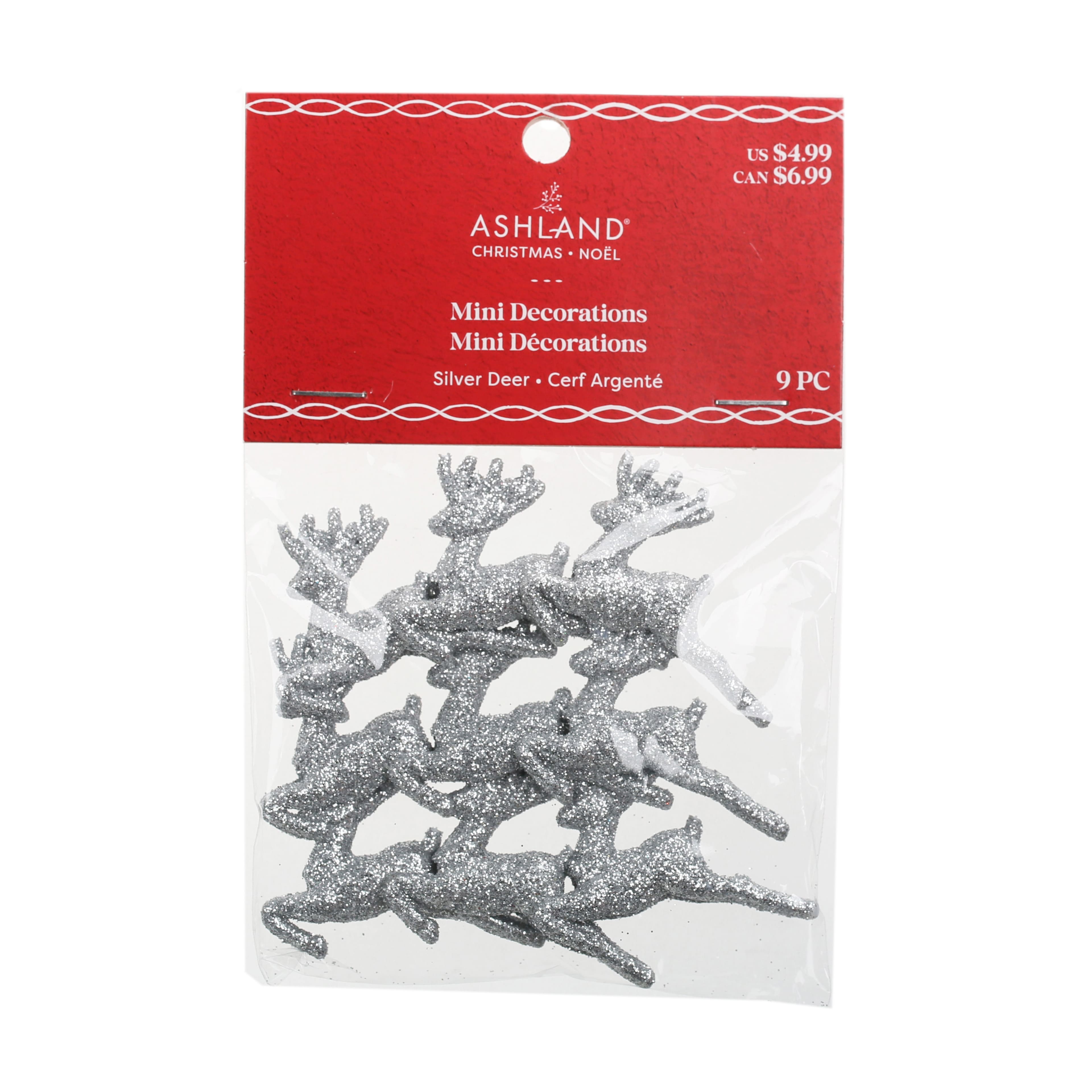 9 Pack Mini Glittery Silver Deer Plastic Ornaments by Ashland&#xAE;