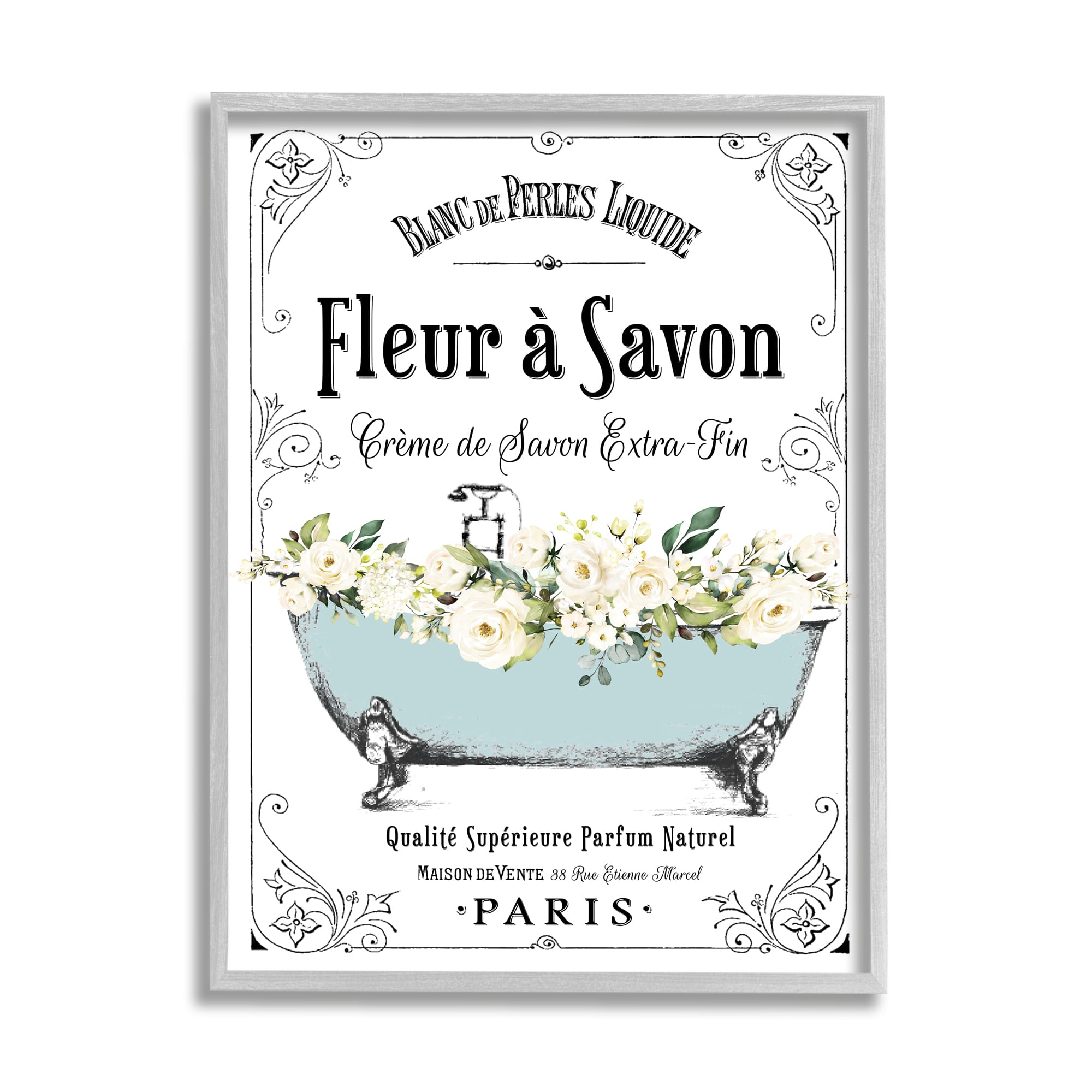 Stupell Industries Vintage Parisian Bathroom Advertisement Floral Blue Tub Framed Wall Art