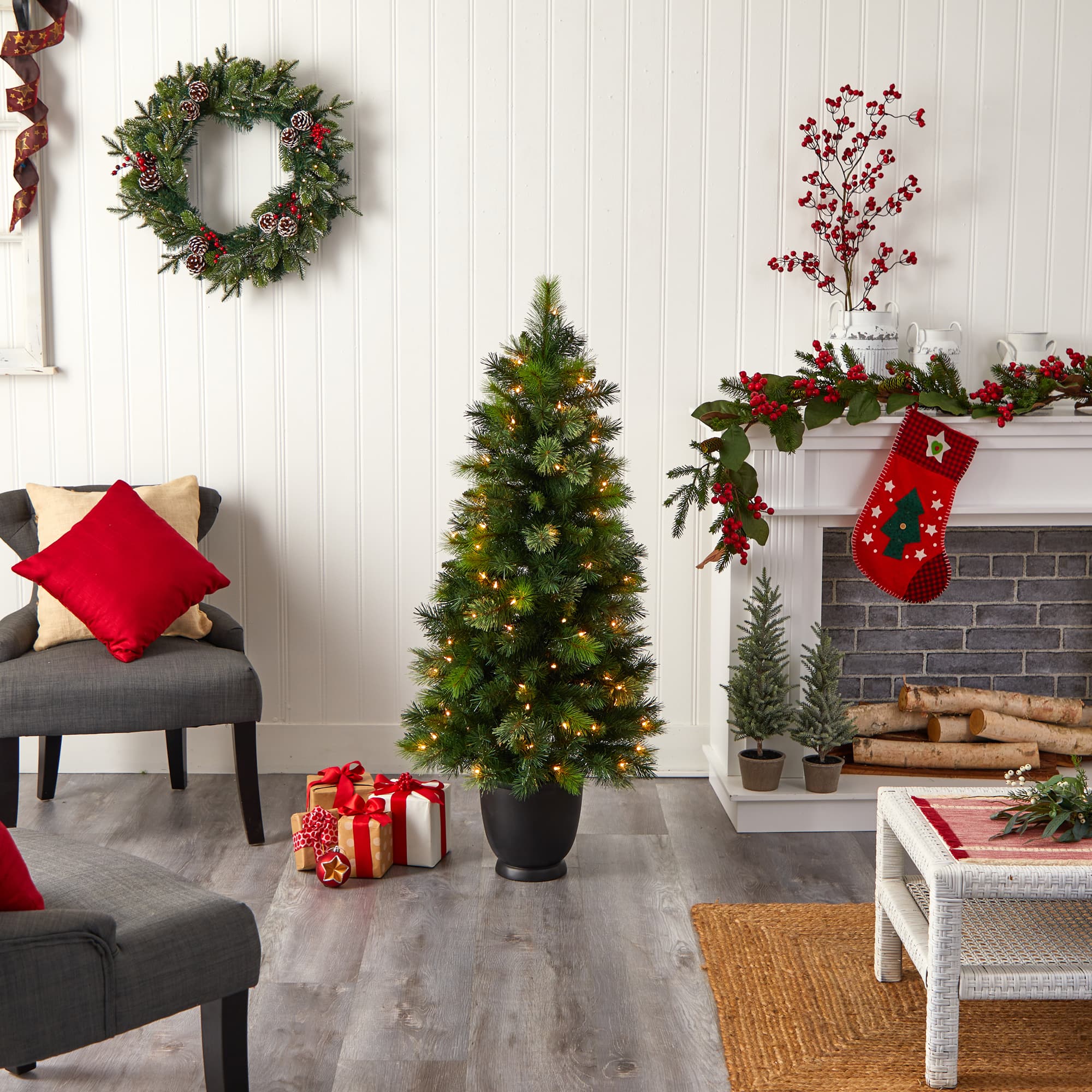 4.5ft. Pre-Lit Oregon Pine Artificial Christmas Tree in Decorative Planter, Warm White Lights