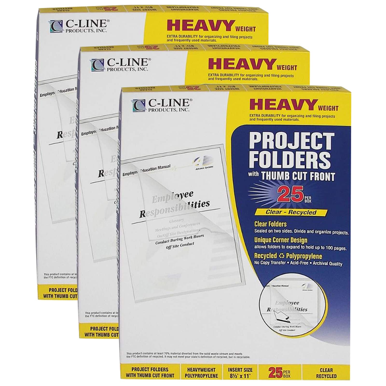 C-Line&#xAE; Clear 11&#x22; x 8.5&#x22; Poly Project Folders, 3 Pack of 25
