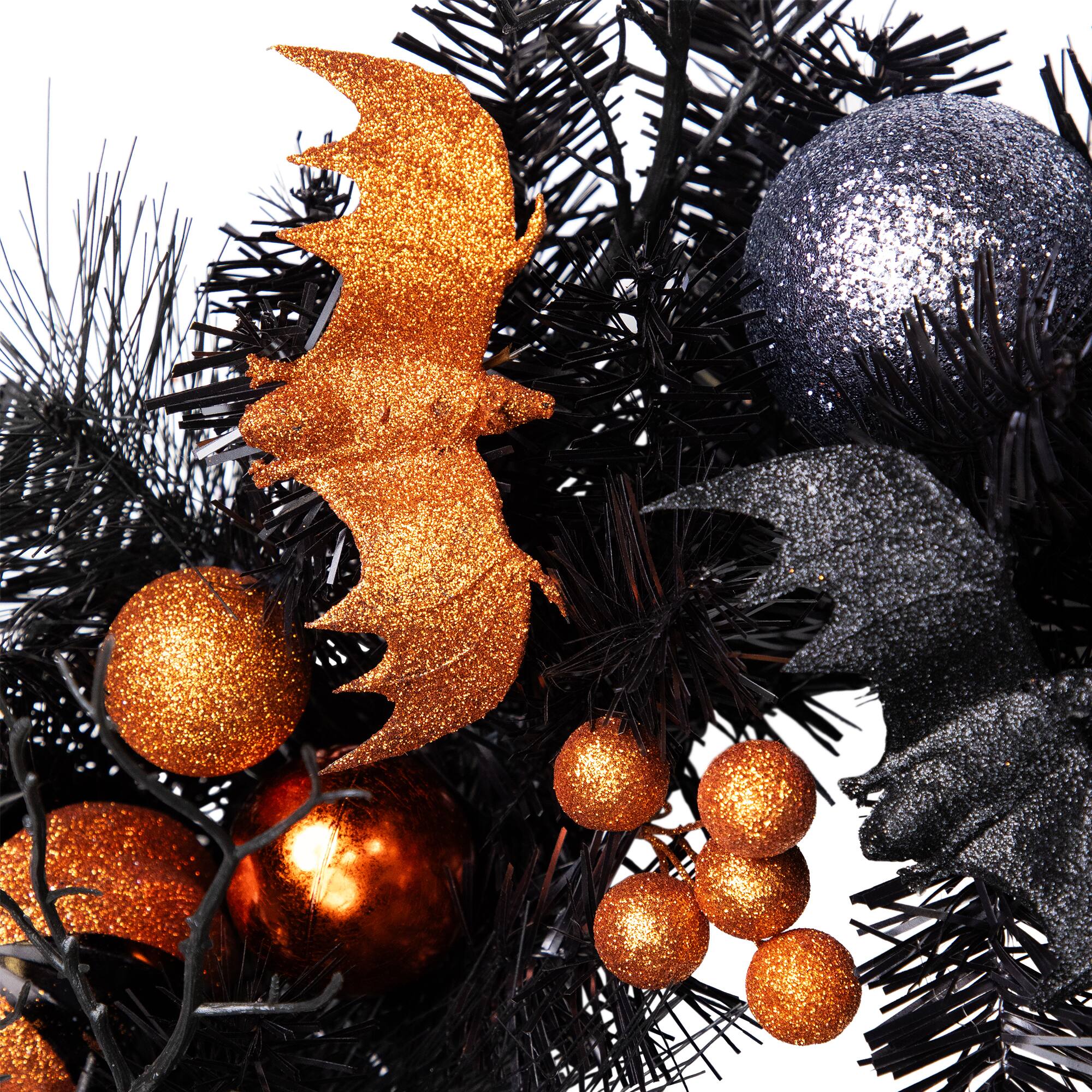 24'' Unlit Orange Ornaments and Ghost Halloween Pine Wreath
