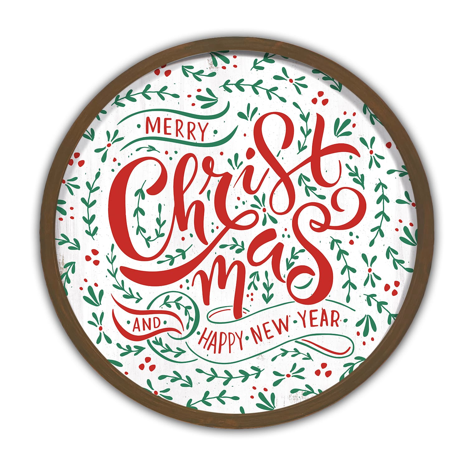 Merry Christmas & Happy New Year Round Wall Art in Brown Frame