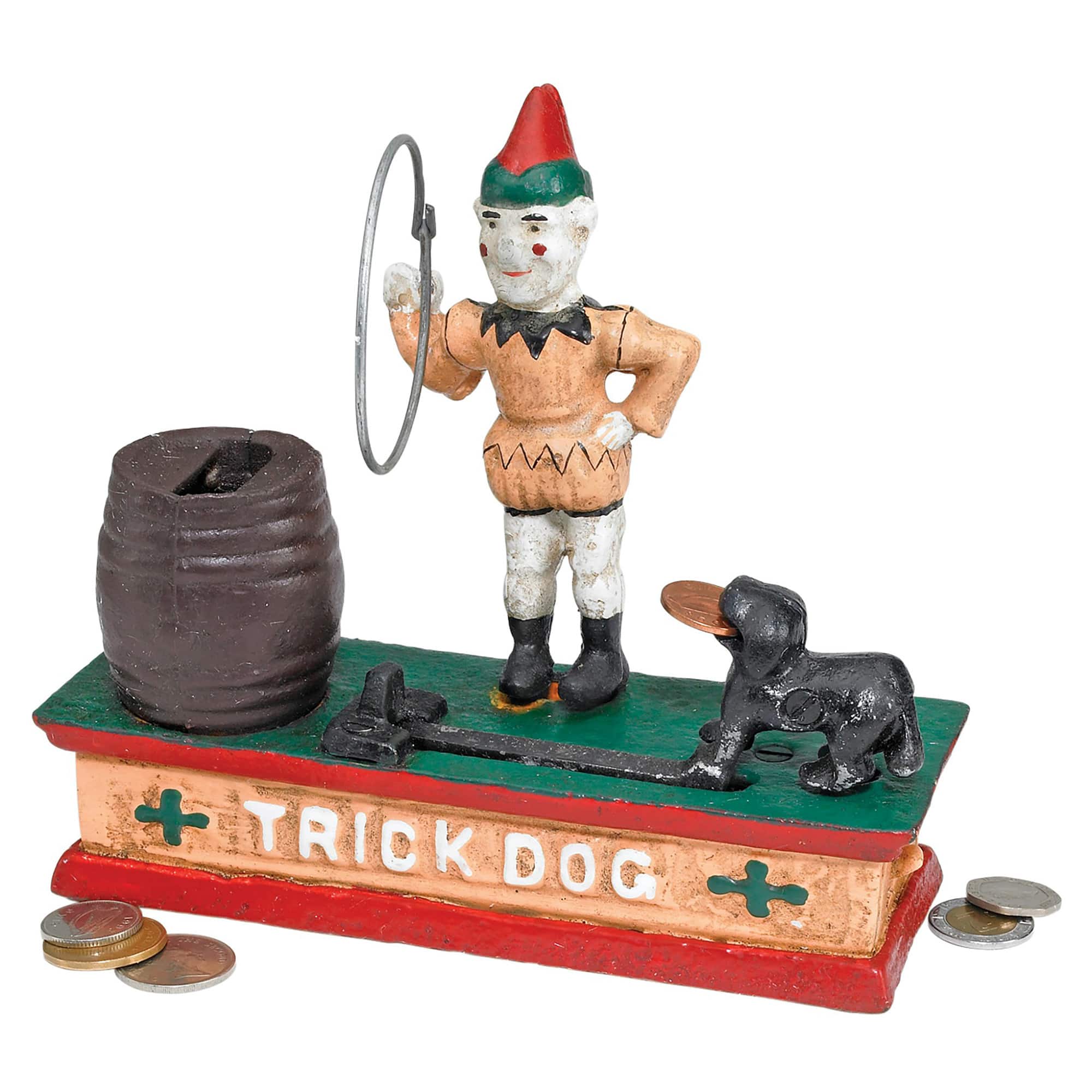 Design Toscano 7&#x22; Circus Clown &#x26; Trick Dog Authentic Foundry Iron Mechanical Bank
