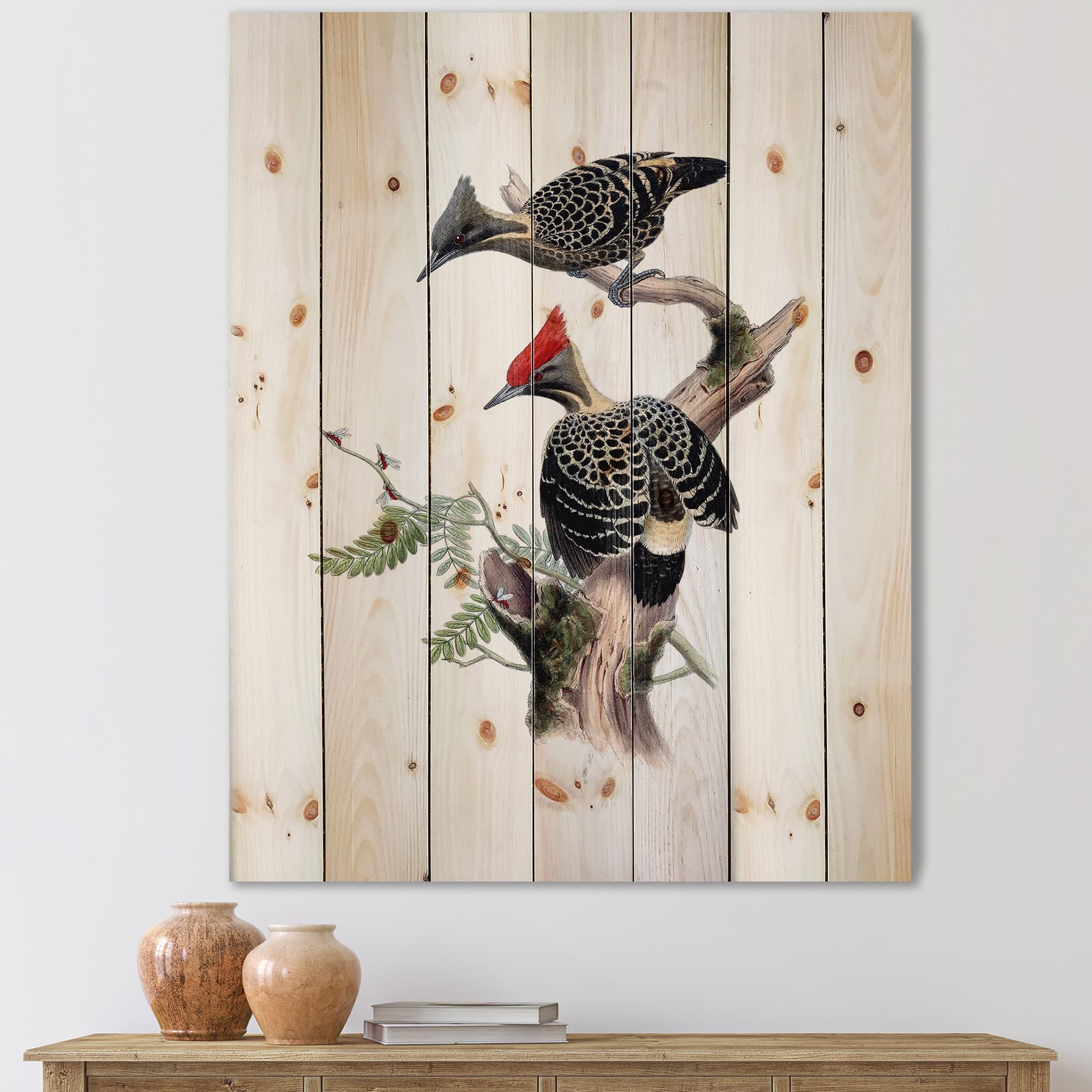 Designart - Vintage Birds In The Wild VI - Traditional Print on Natural Pine Wood