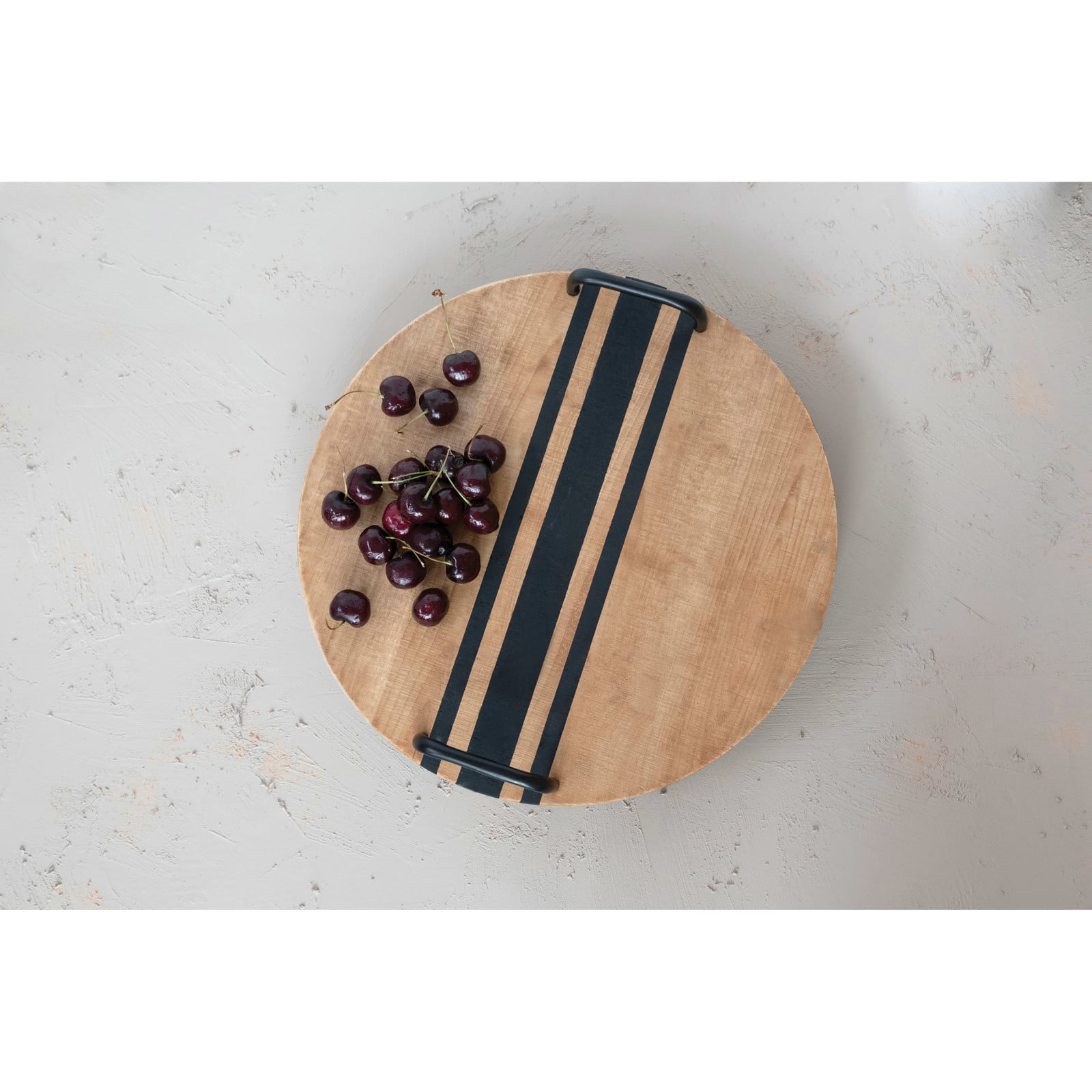 16&#x22; Decorative Wood Tray with Black Lines &#x26; Handles