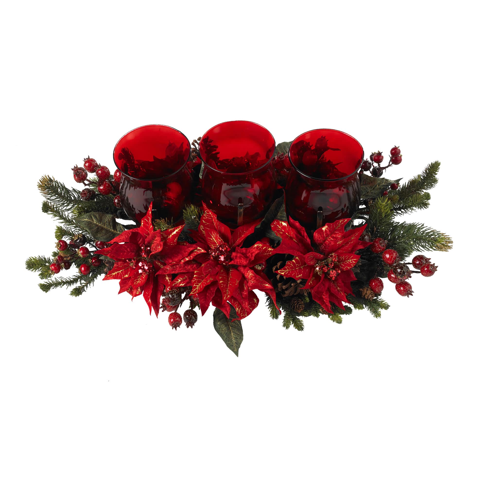Poinsettia & Berry Triple Candelabrum Artificial Arrangement Tabletop