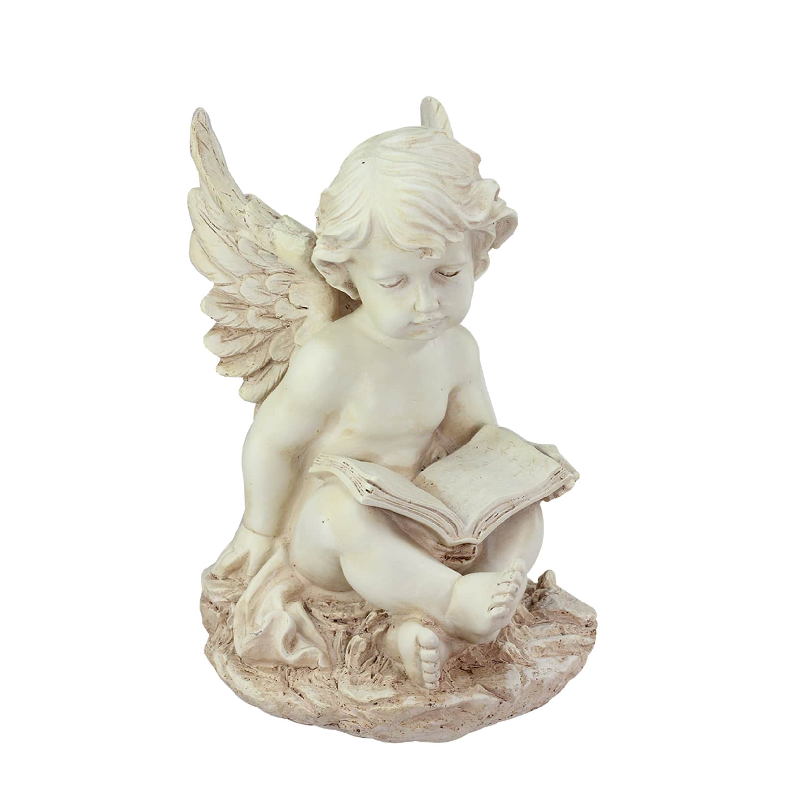12&#x22; Ivory Sitting Cherub Angel with Book Garden Statue