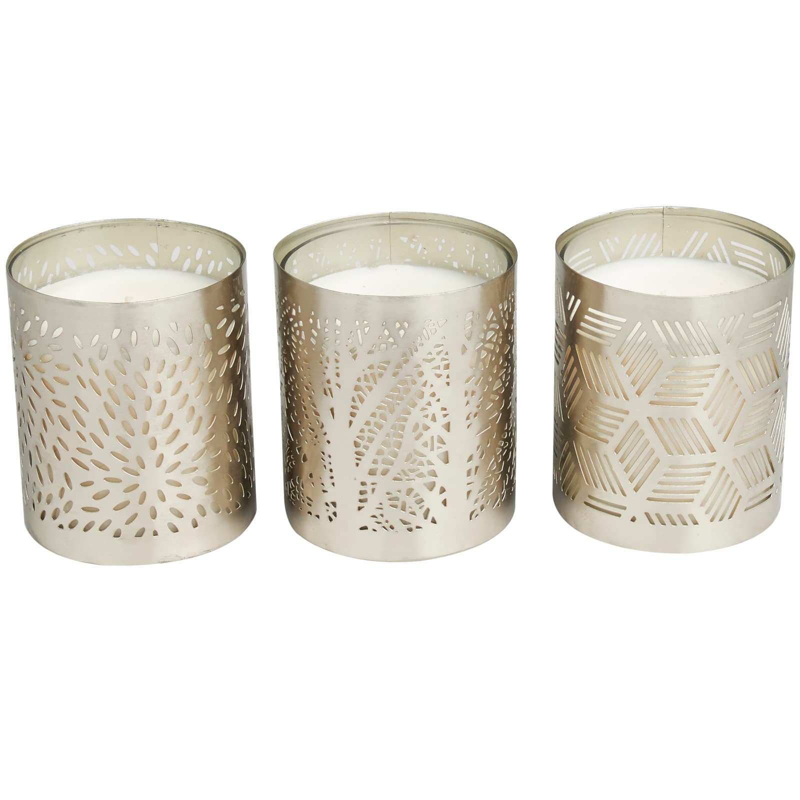 White Wax Vanilla Marshmallow Scented Candle with Geometric Silver Containers, 3ct.