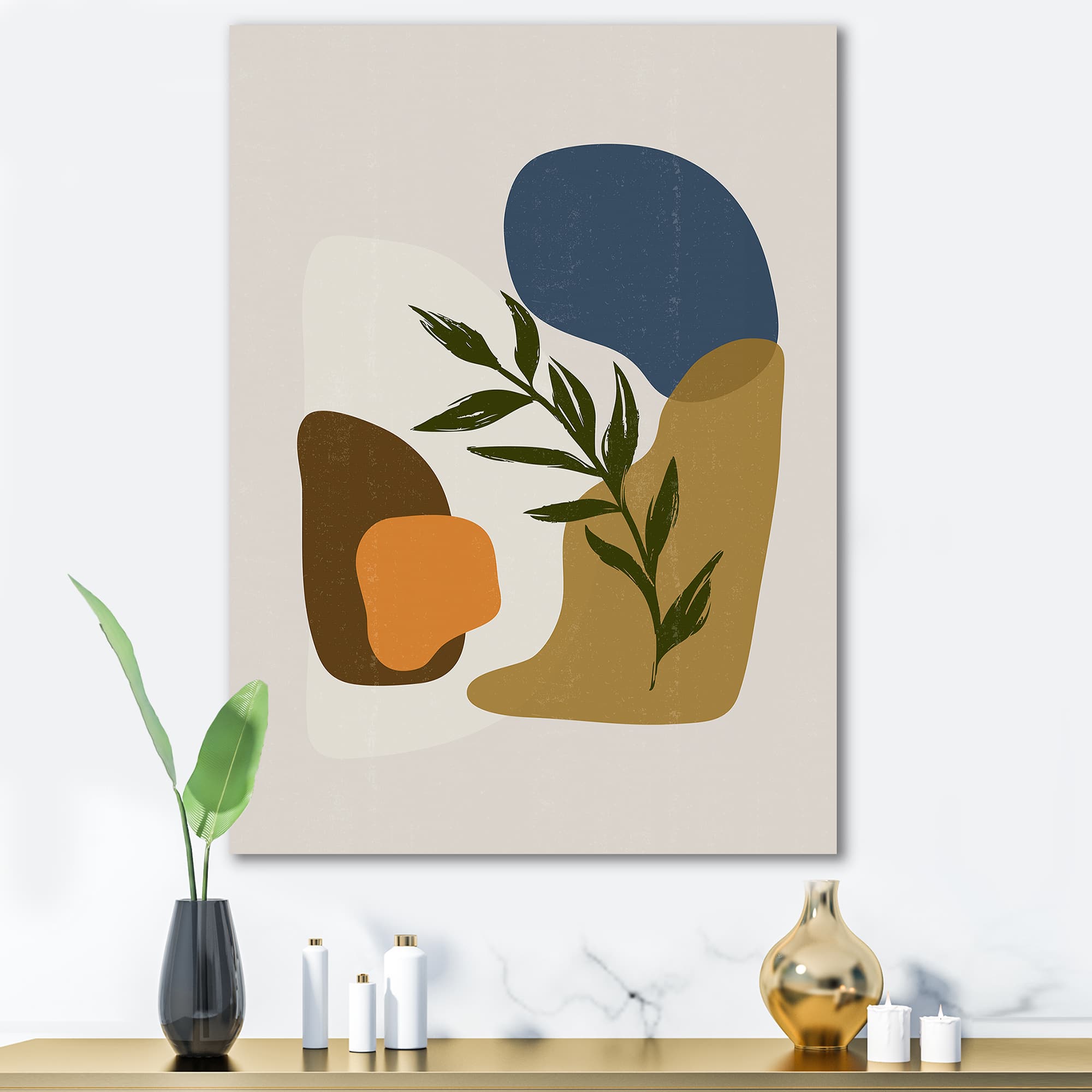 Designart - Botanical Minimalist Shapes With Green Leaf - Modern Canvas Wall Art Print