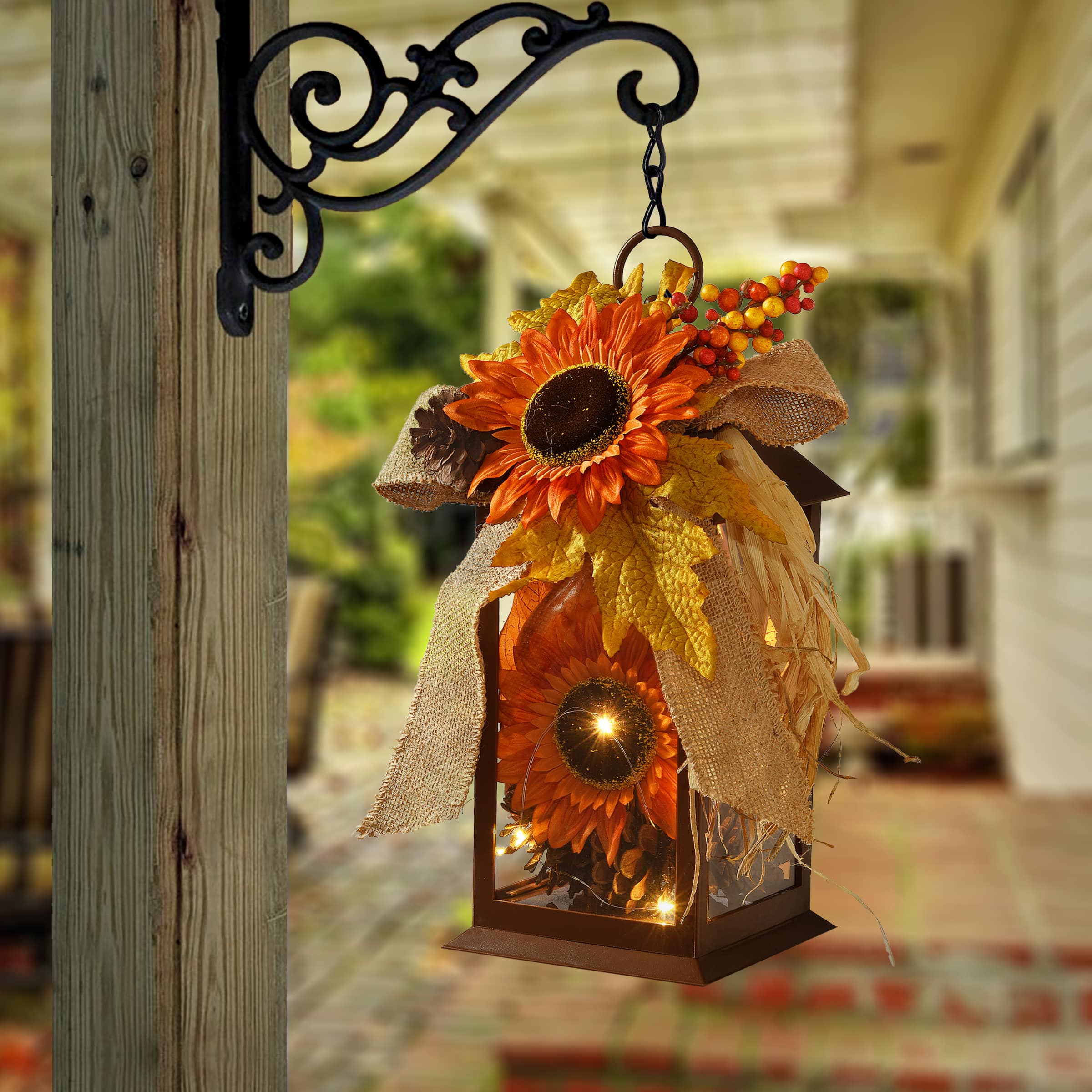 12" Decorated Autumn Lantern with LED Lights