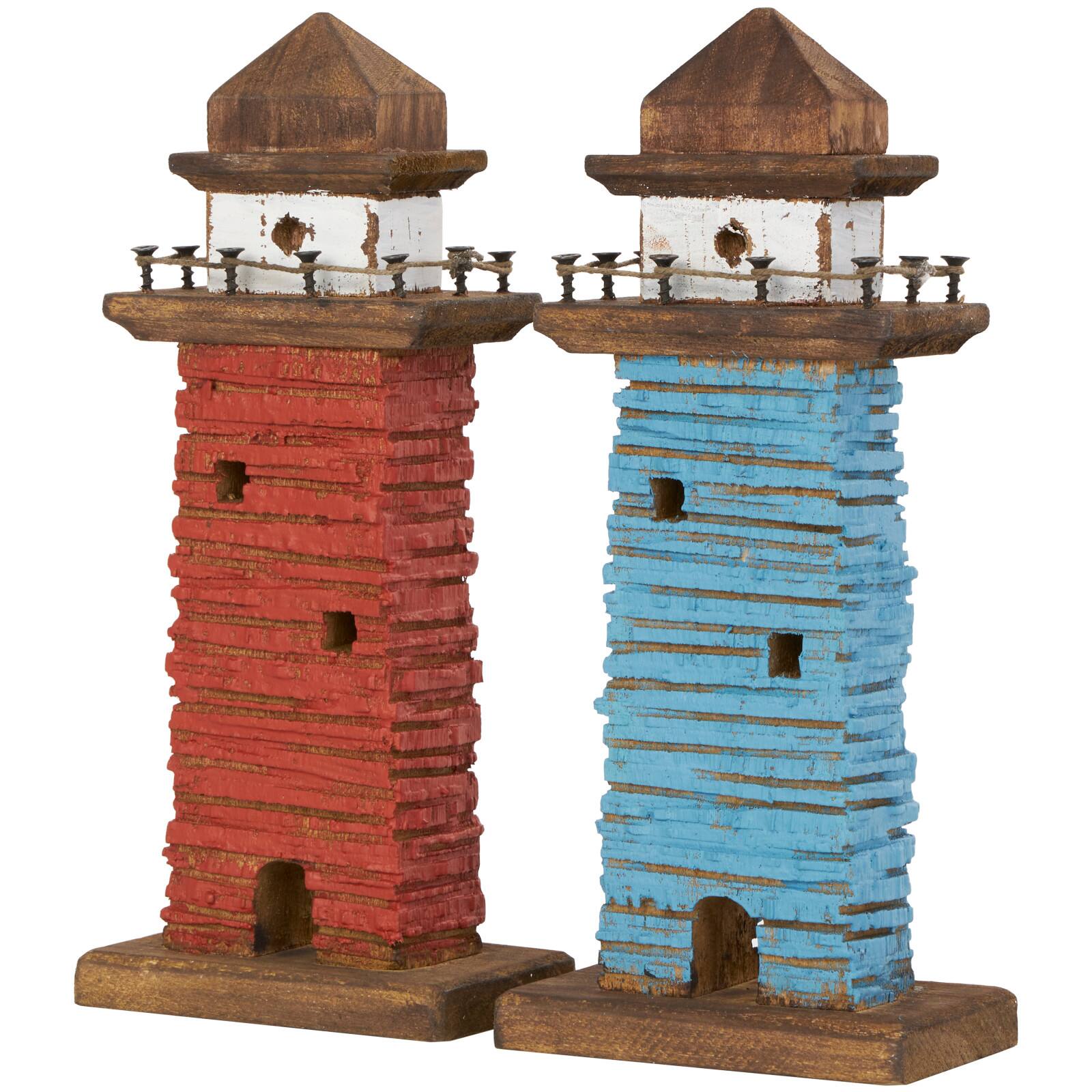 10&#x22; Red &#x26; Blue Wood Light Housee Sculpture Set