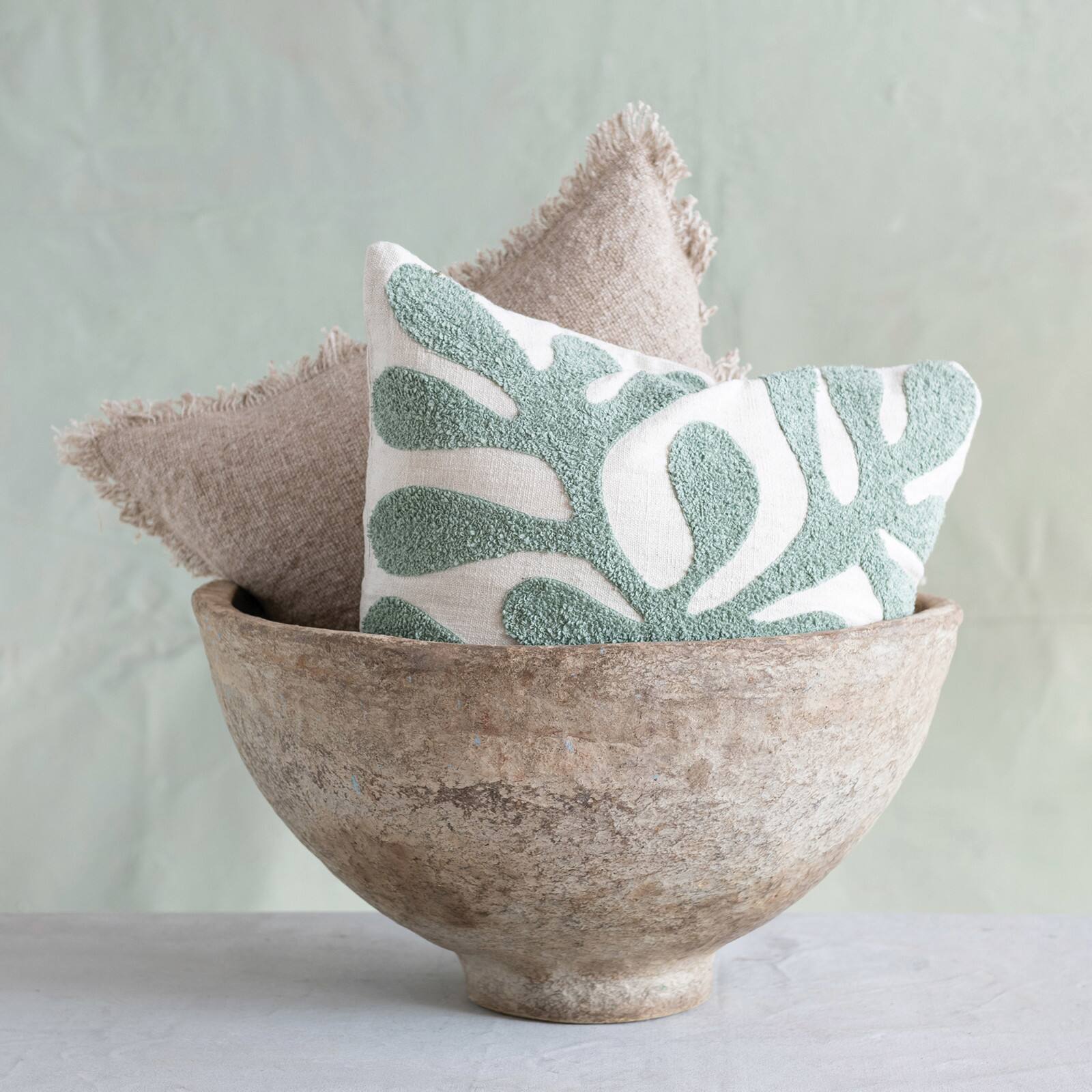Hello Honey&#xAE; Cream &#x26; Sage Cotton Slub Boucl&#xE9; Embroidery Pillow Cover