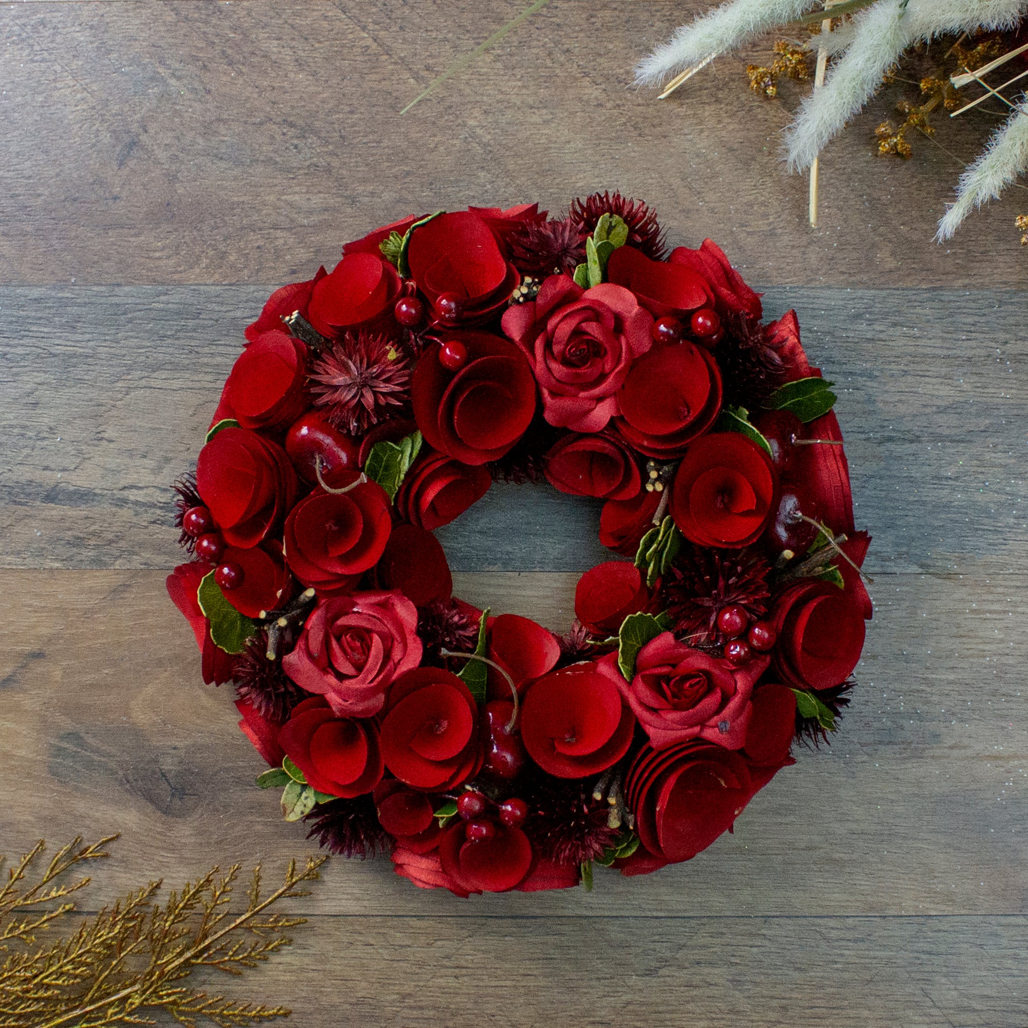 Red Wooden Rose and Berry Artificial Wreath 9.5&#x22; Unlit