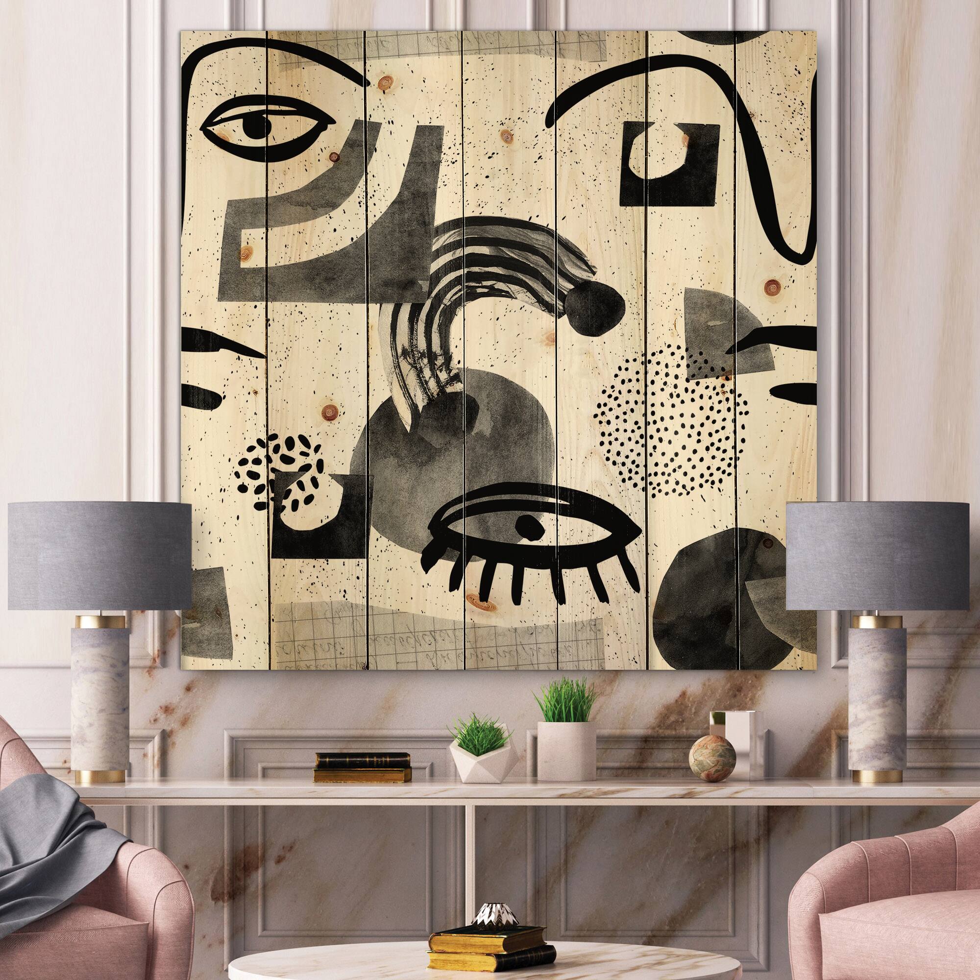 Designart - Collage of Eyes & Doodles In Contemporary Style II - Modern Print on Natural Pine Wood