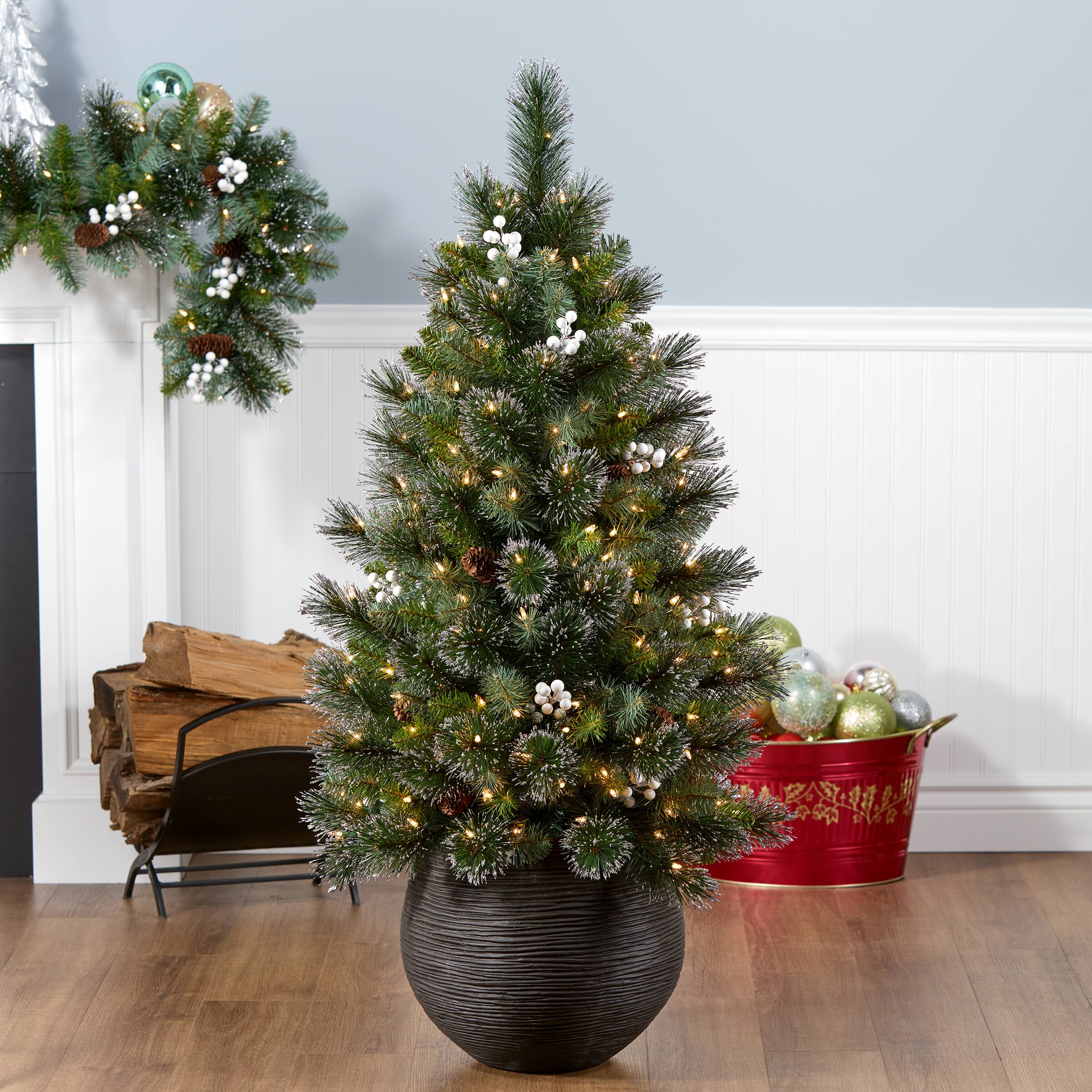 4ft. Pre-Lit Spruce Glittery Crestwood® Artificial Potted Christmas Tree, Clear Lights