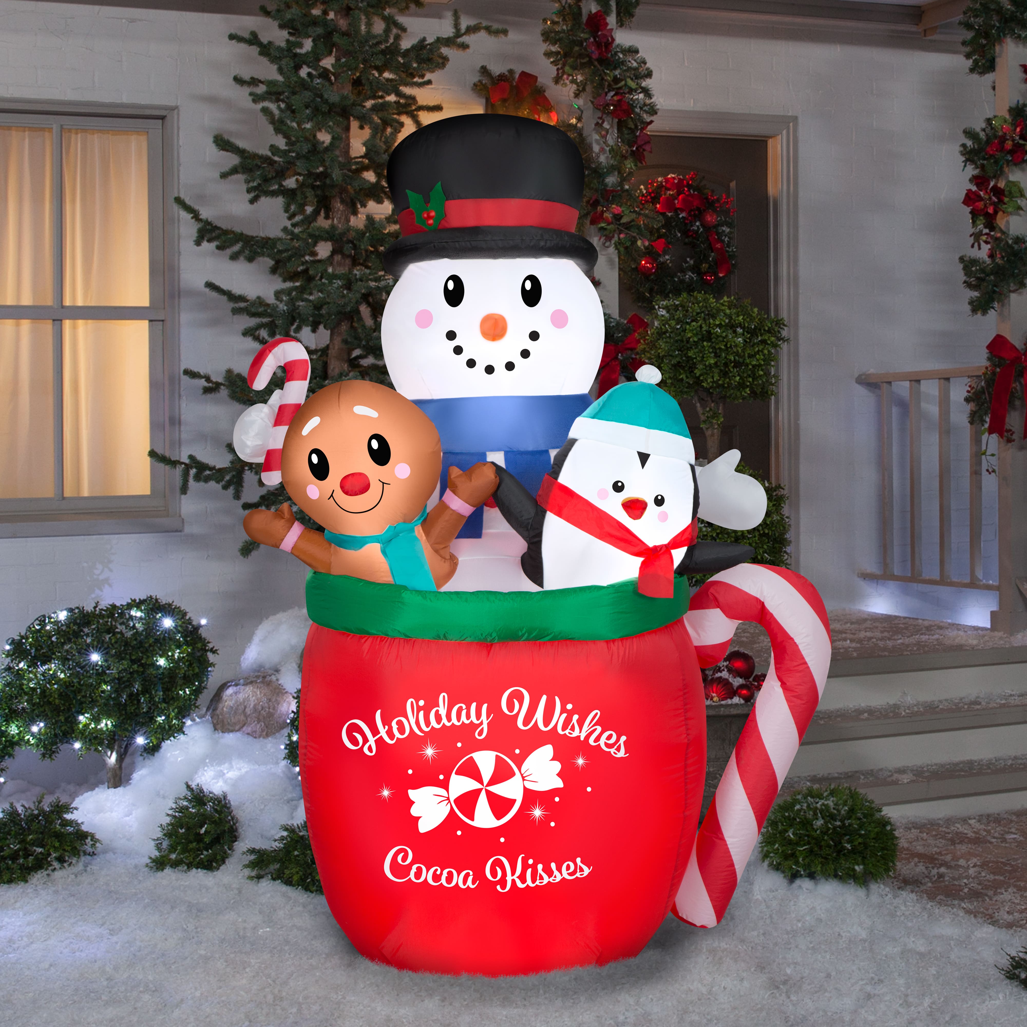 6.5" Airblown® Inflatable Christmas Snowman, Gingerbread Man & Penguin Mug Scene
