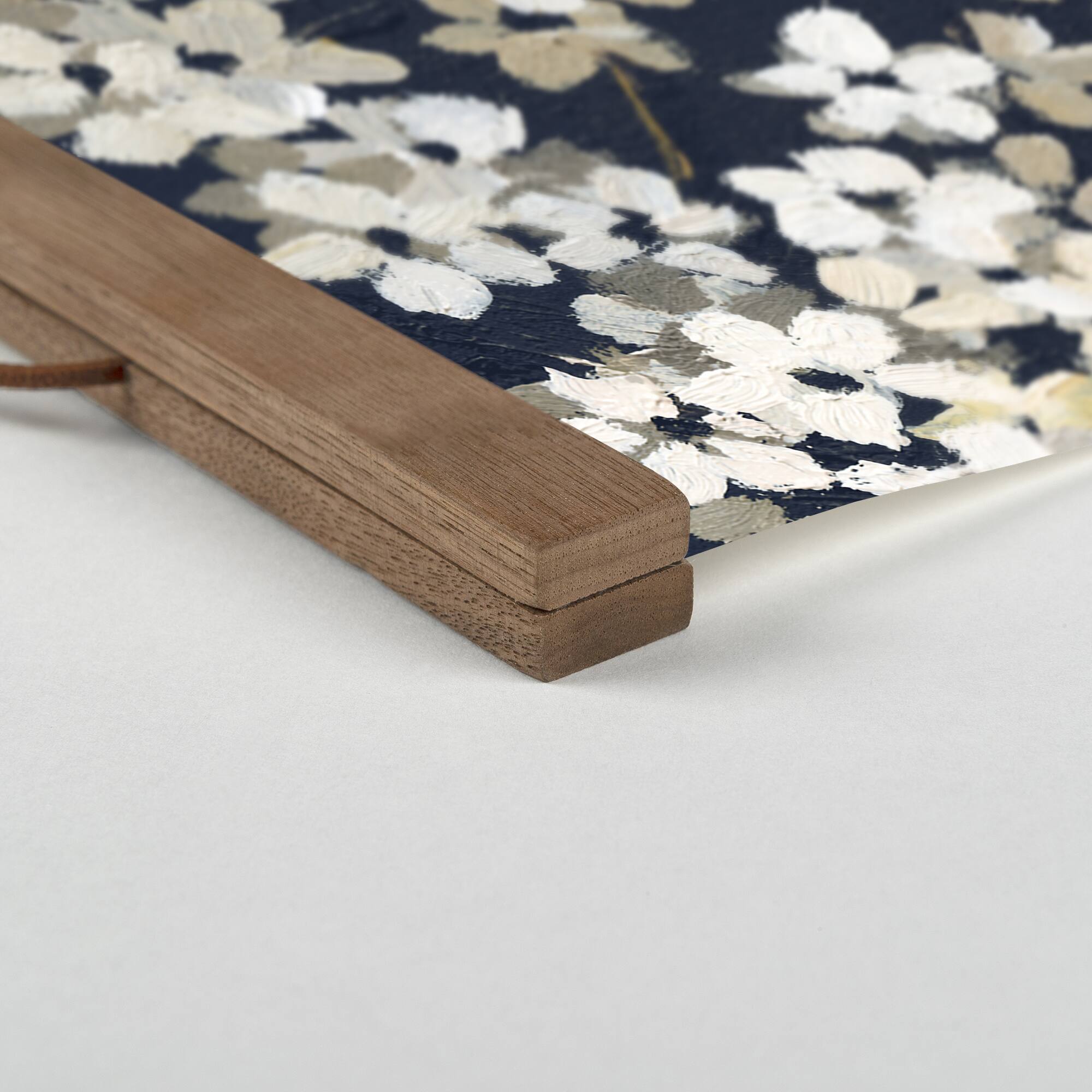 White Blossoms on Navy Teak Hanging Canvas