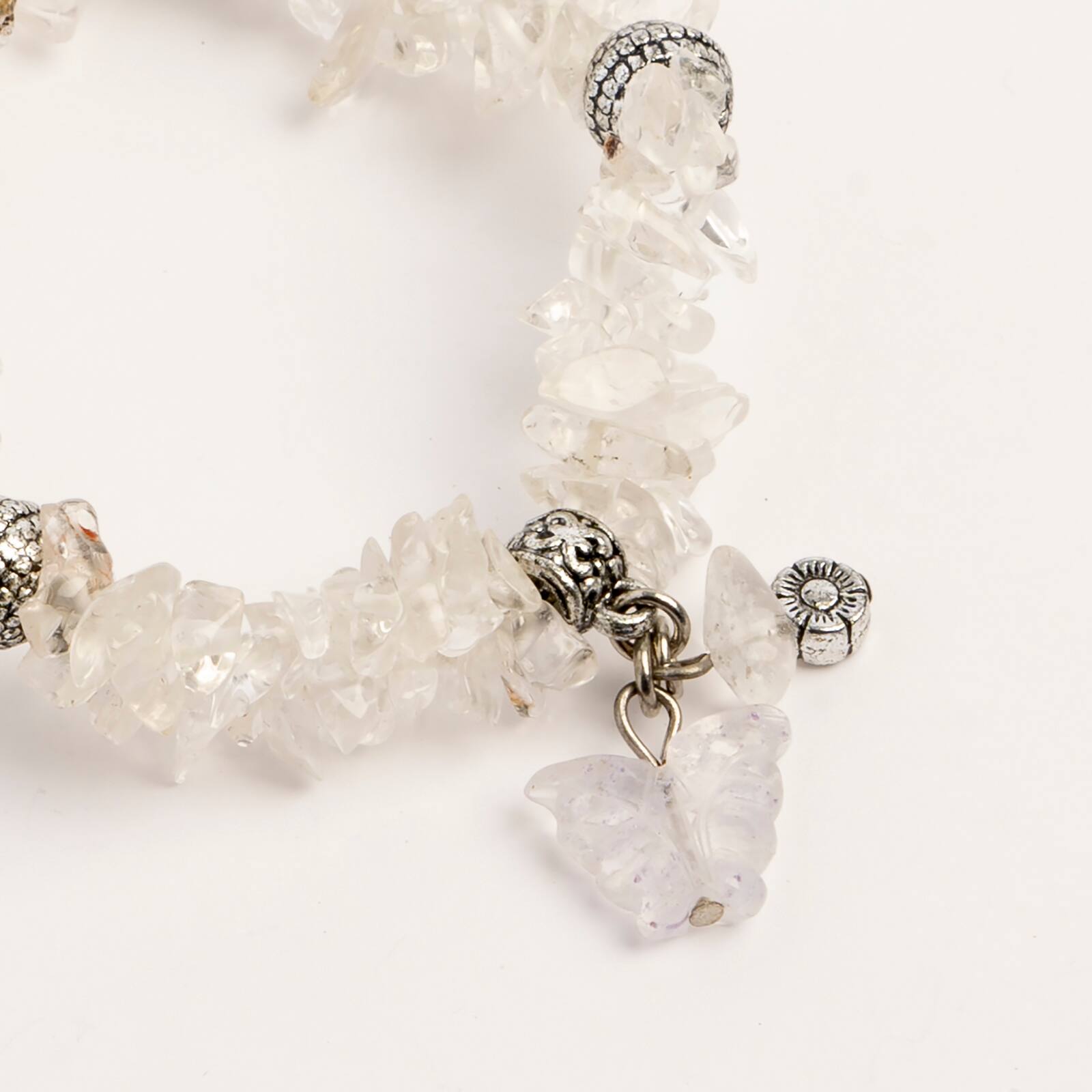 John Bead Crystal Quartz Clear Natural Stone 2-Strand Bracelet with Butterfly Charm