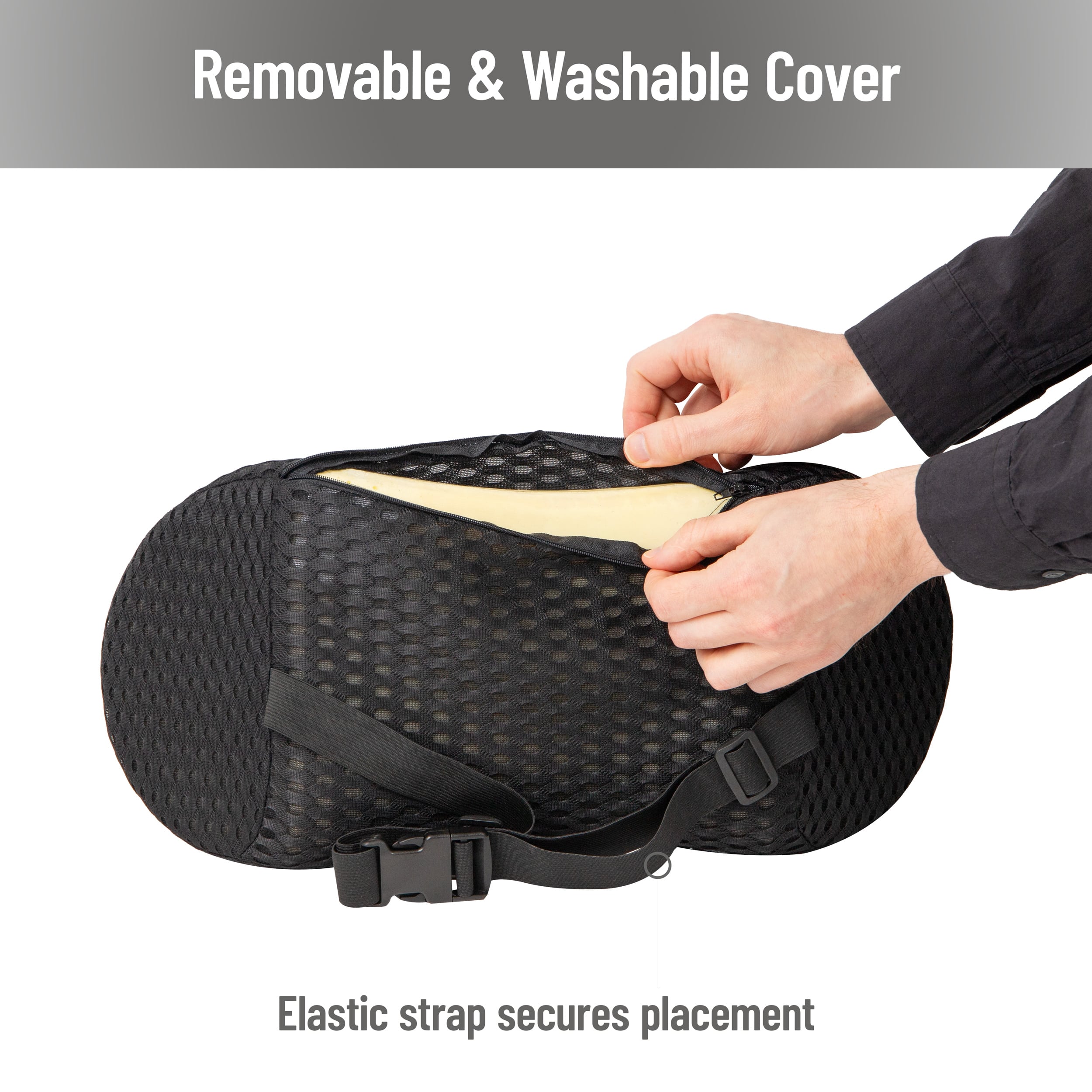 Mind Reader Lumbar Support Pillow with Air-Cloud Technology, Memory Foam Cushion for Back, Waist & Hip Pain Relief, Breathable Cover, Black