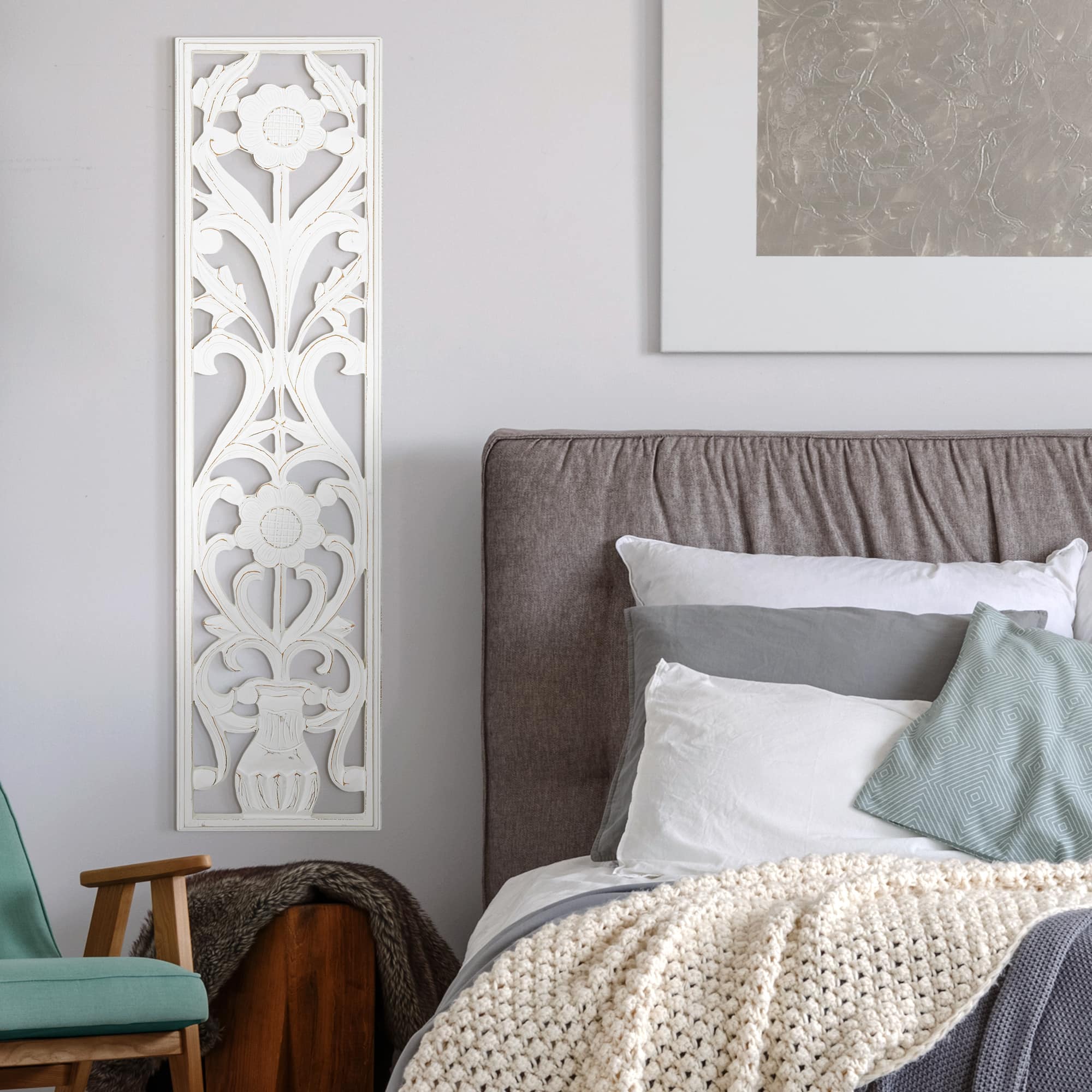 American Art D&#xE9;cor&#x2122; 48&#x22; Hand-Carved Floral Wood Panel Wall Art D&#xE9;cor