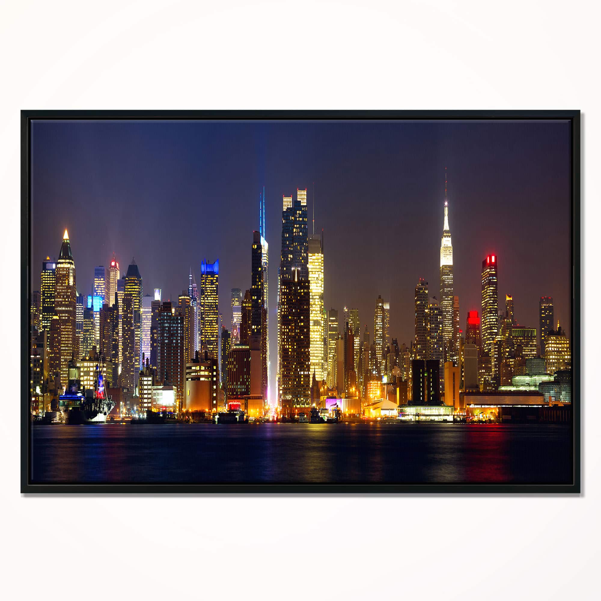 Designart - New York Skyline at Night - Cityscape Photo Framed Canvas Print