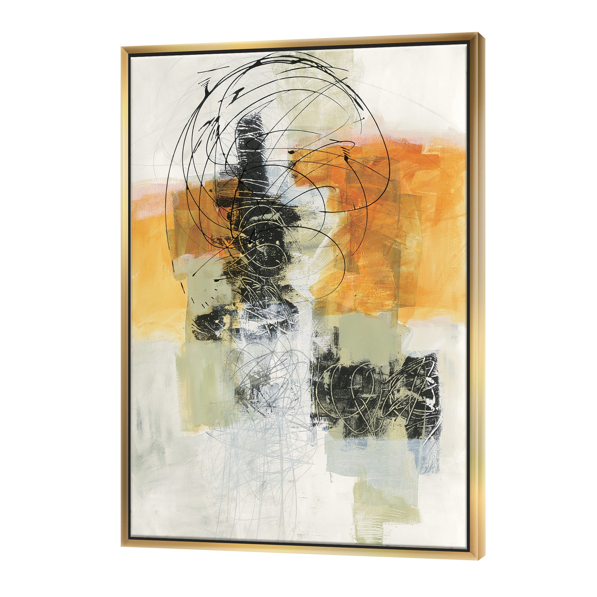Designart - Abstract Composition of Glamorous Yellow and Black - Contemporary Canvas in Gold Frame
