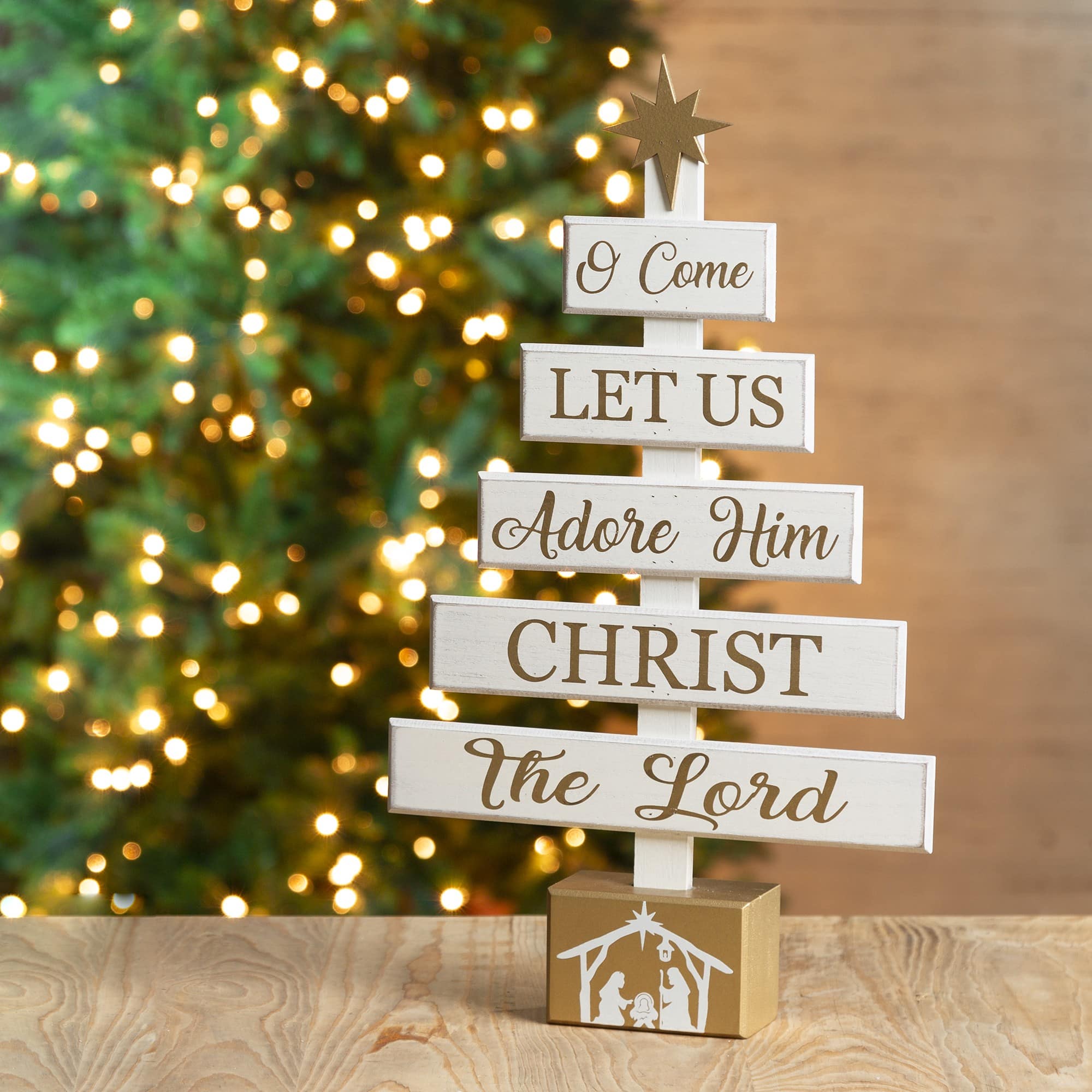 Glitzhome&#xAE; 18&#x22; Wooden Nativity Tree Tabletop D&#xE9;cor