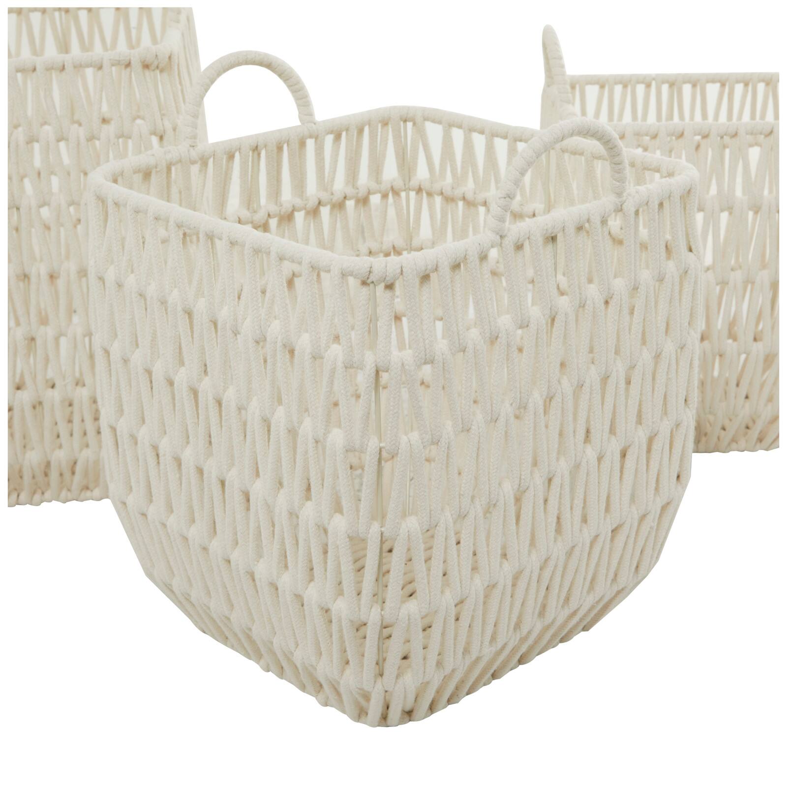 White Cotton Handmade Storage Basket with Handles Set of 3 18&#x22;, 16&#x22;, 15&#x22;
