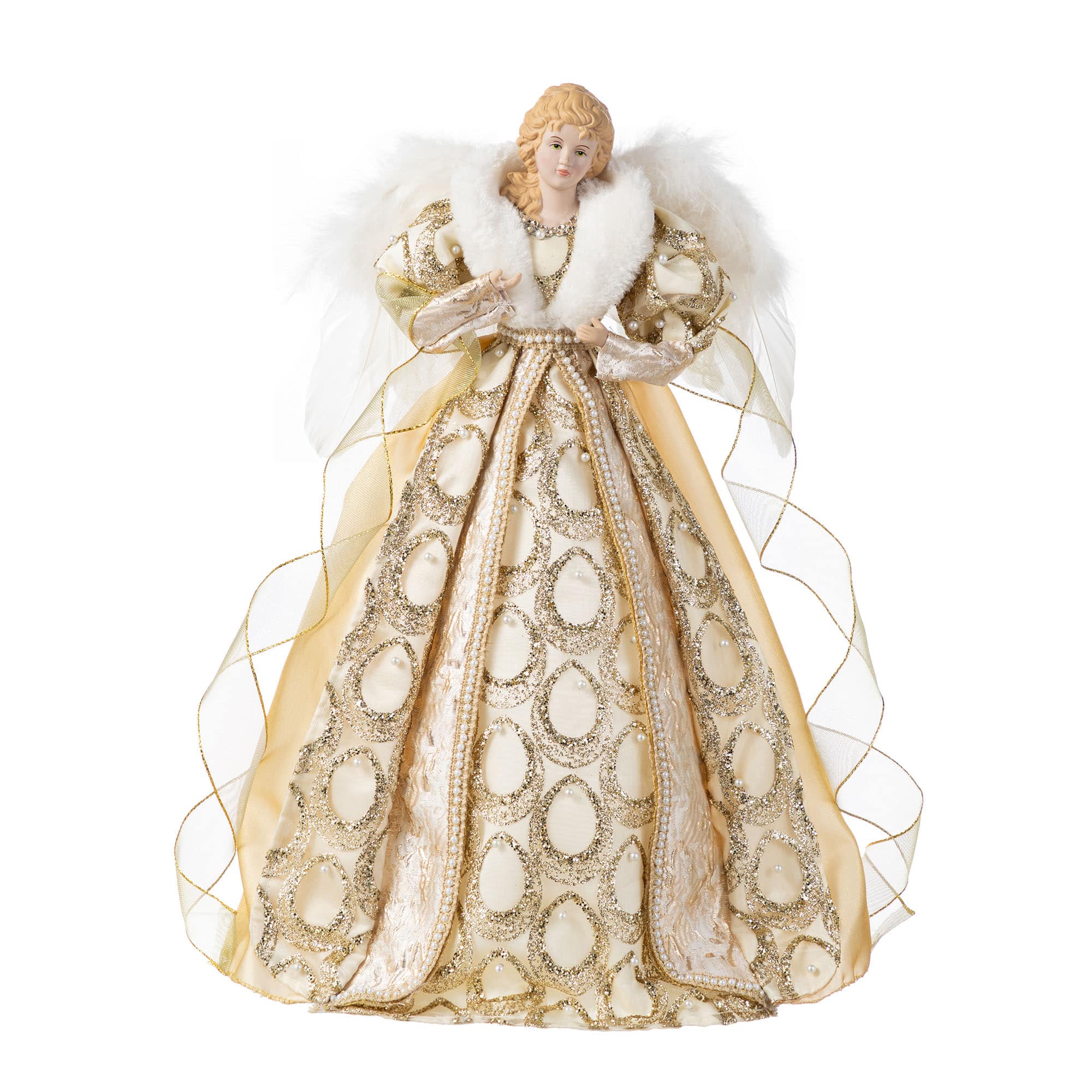 Glitzhome&#xAE; 18.5&#x22;H Faux Fur &#x26; PVC Christmas Elegant Angel Tree Topper with Porcelain Face