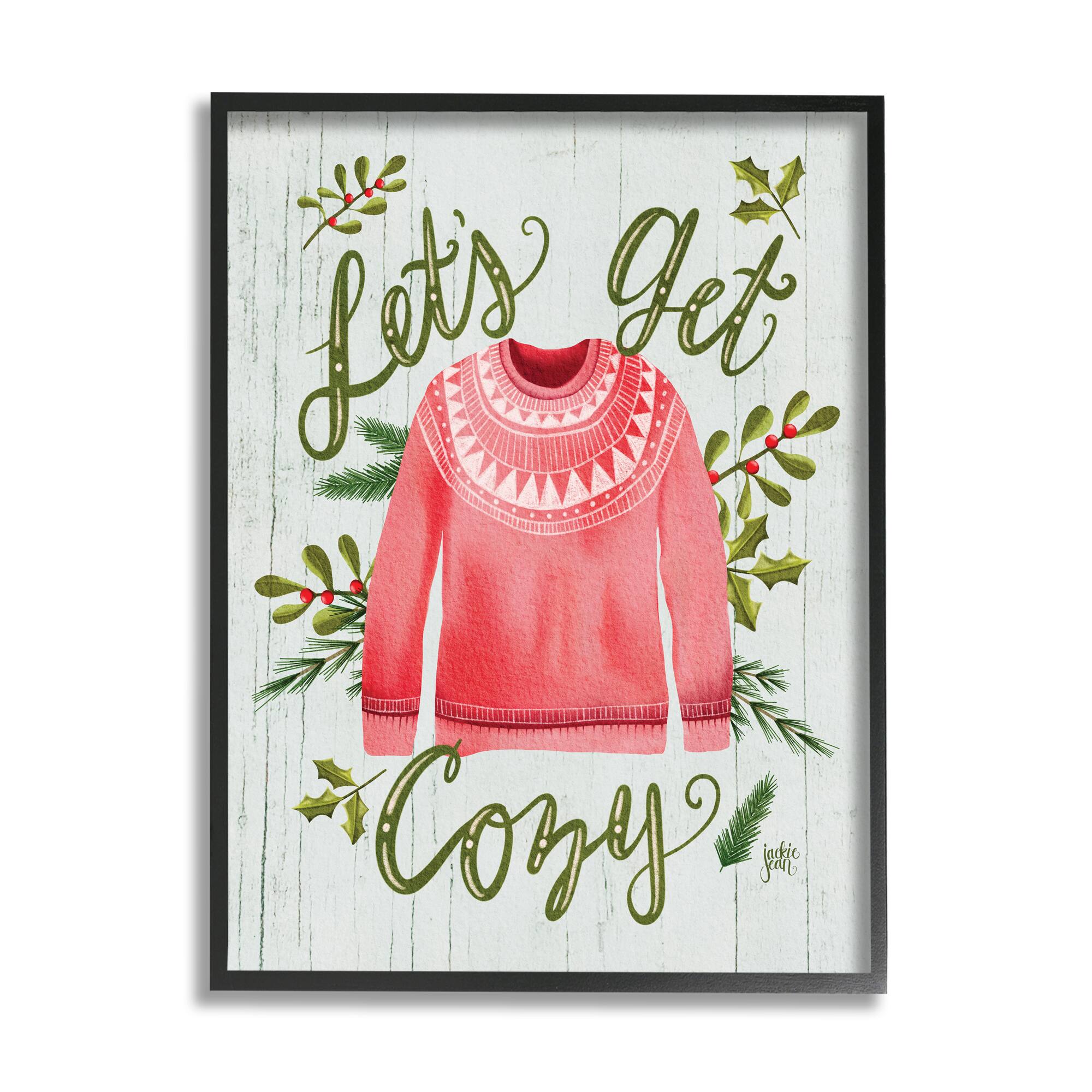 Stupell Industries Let's Get Cozy Holly Plants Pink Winter Sweater in Frame Wall Art
