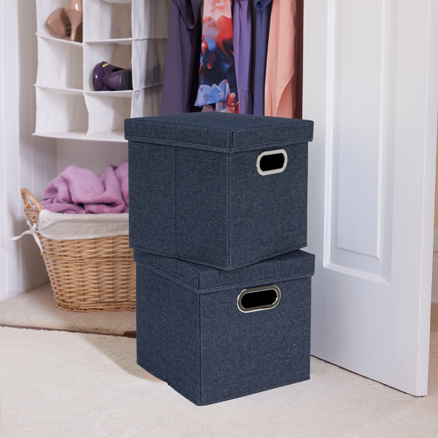 Household Essentials 11.5&#x22; Denim Blue Collapsible Cotton Blend Cube Storage Box with Lid, 2ct.